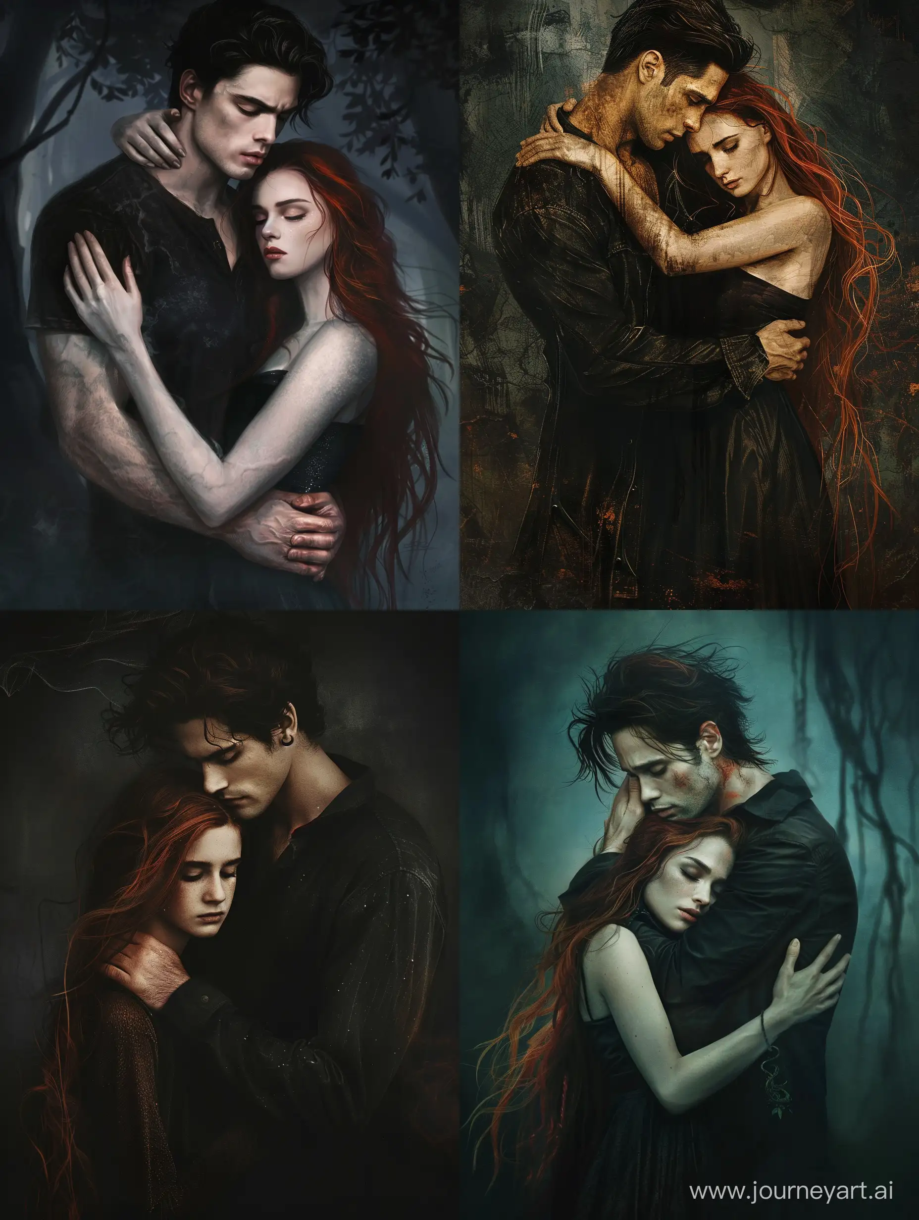 #bookcoverart, #beautifulbizarre, #madewithphotoshop, a tall, handsome man with dark hair embracing a slender woman with long red hair, protective, romantic, loving, challenging, darkness, haunting, dark background,