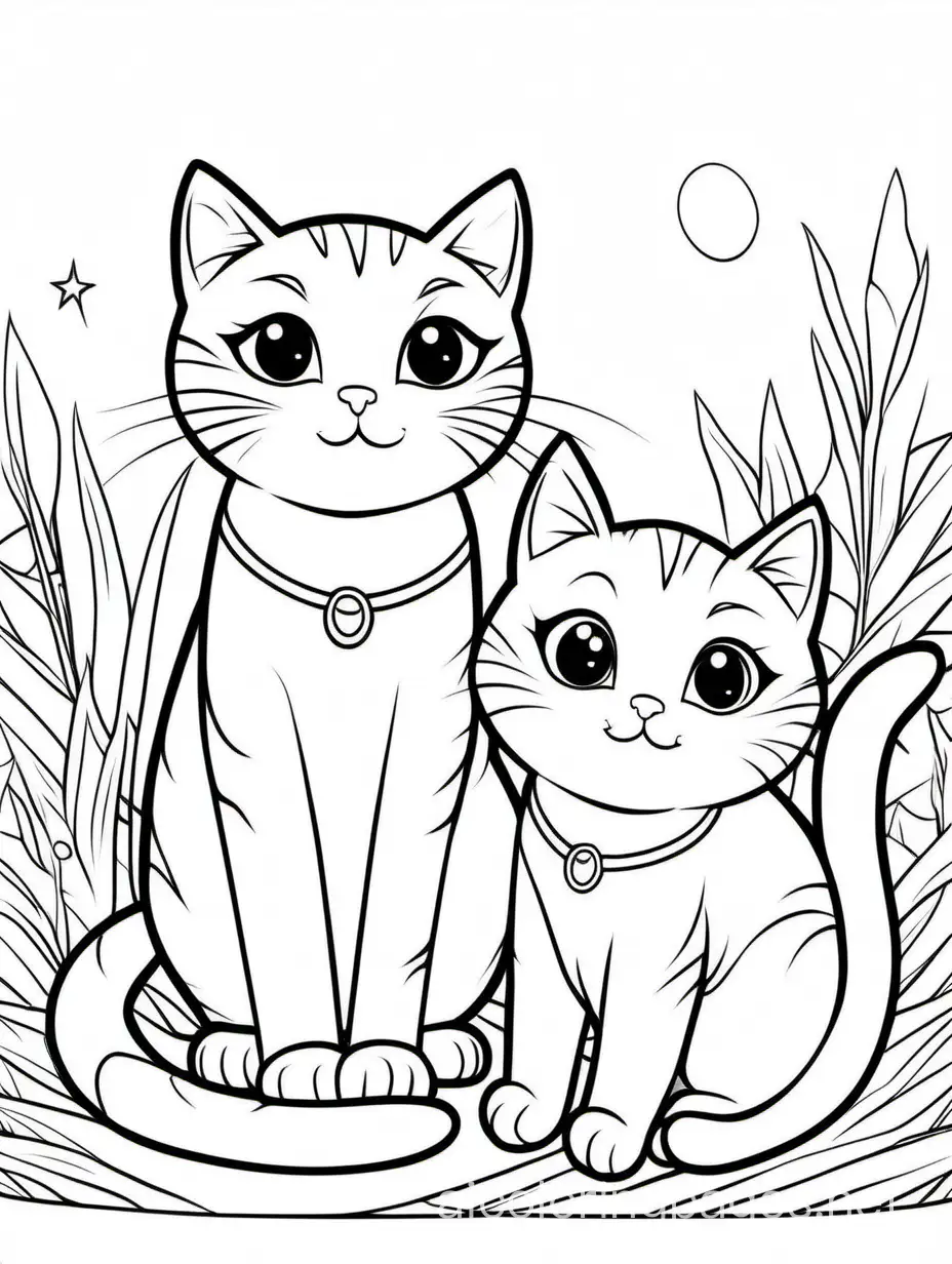 cute  Cat With his Kitten for kids , Coloring Page, black and white, line art, white background, Simplicity, Ample White Space. The background of the coloring page is plain white to make it easy for young children to color within the lines. The outlines of all the subjects are easy to distinguish, making it simple for kids to color without too much difficulty
