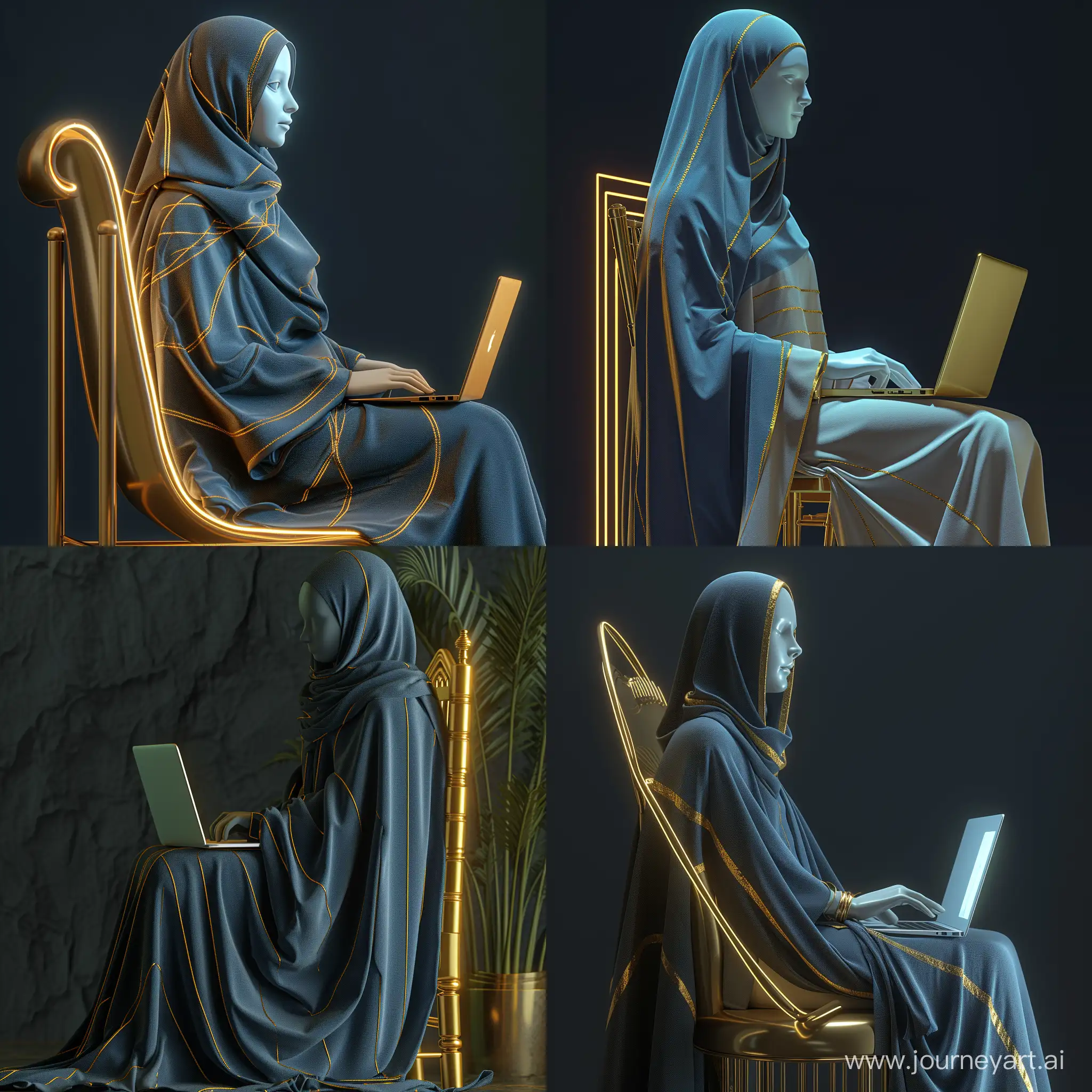 a female mannequin  in wide abaya look at laptop, side view the hijab is hanging down, neck covered by hijab, golden lines on clothes, wrapped in a blue cloth, sitting on a gold chair with a laptop, 3d rendering, eimagined by industrial light and magic, rendered in maya, technology sense, studio light, C4D, blender, clean, neon light, highly detail, ultra photorealistic, dark background