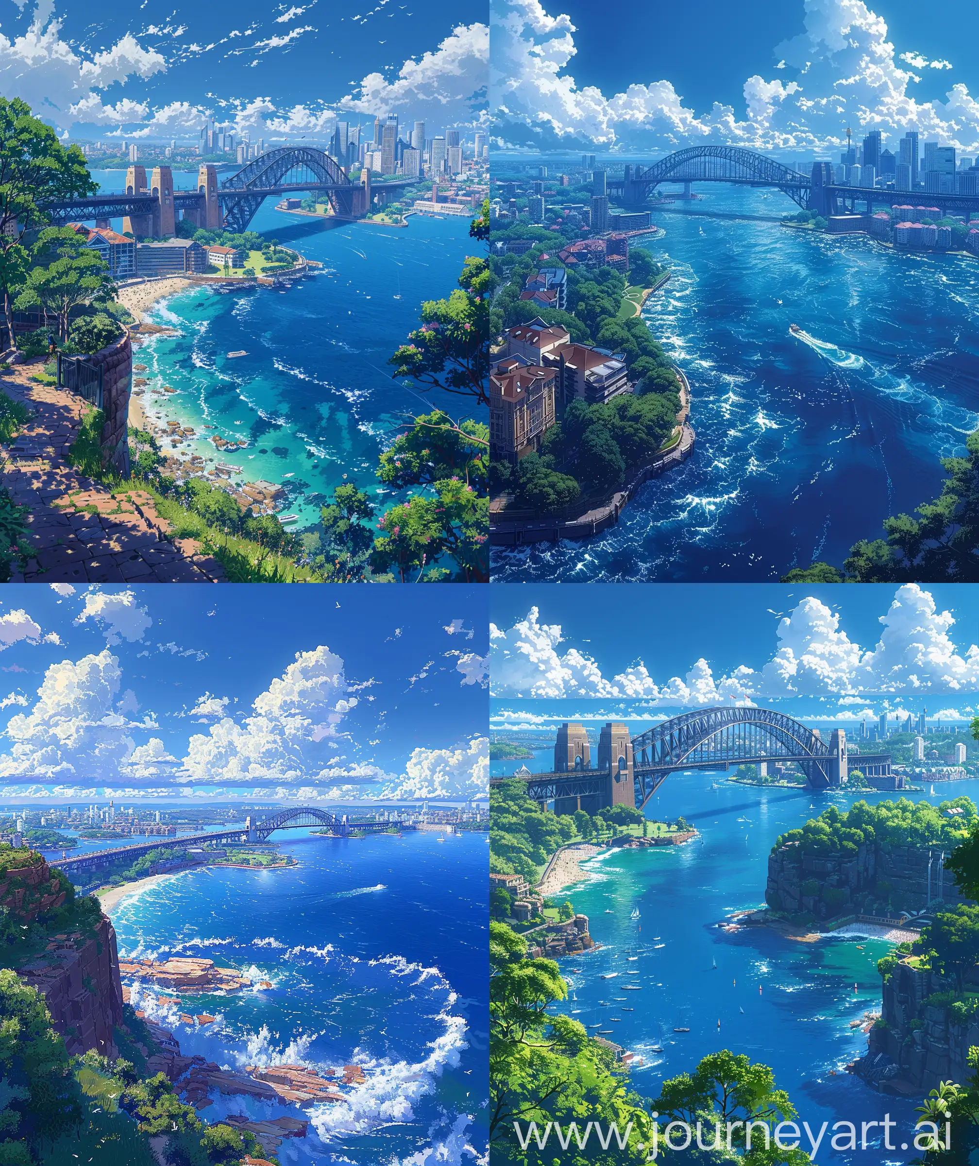 Makoto-Shinkai-Inspired-Aerial-Anime-Illustration-of-Sydney-Harbour-Bridge-in-Summer