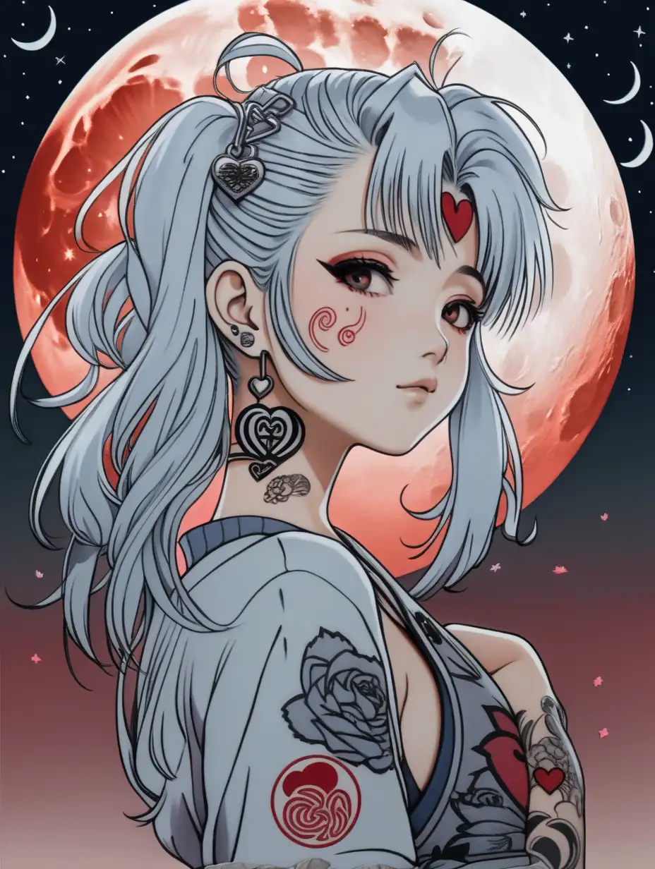 a anime japanese style girl with silver hair and a pin in her hair, a heart tattoo on her face and other tattoos on her arms looking on the front wise and a big moon in the background
