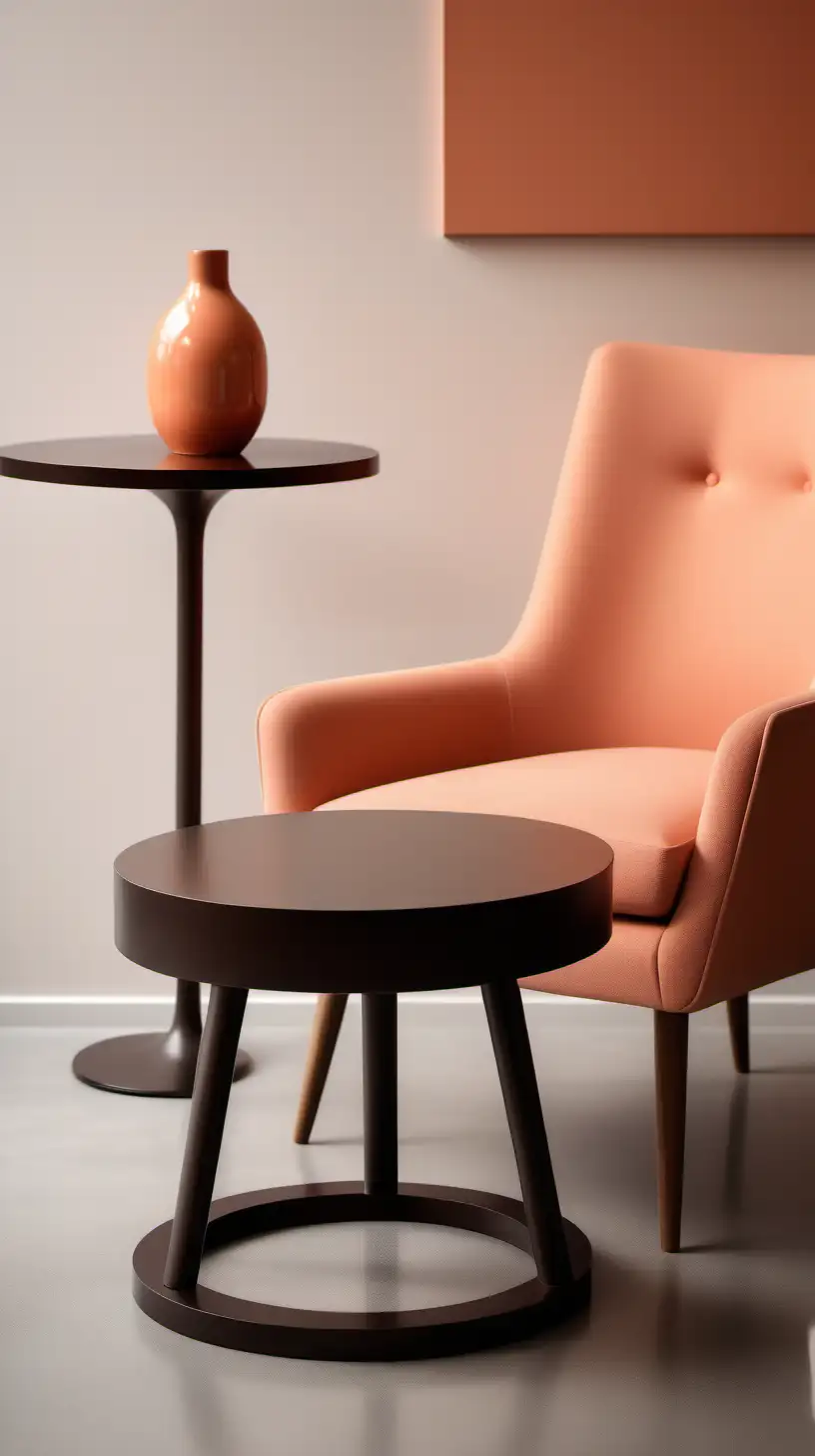 Minimalistische und hochmoderne Sitzecke mit kleinem Beistelltisch und runder dunkler brauner Tischplatte, neben einem Sessel stehend, Sessel in grellem lachsfarbenen Ton, Vorgelperspektive und Fokus auf den Tisch, warme farbstimmung