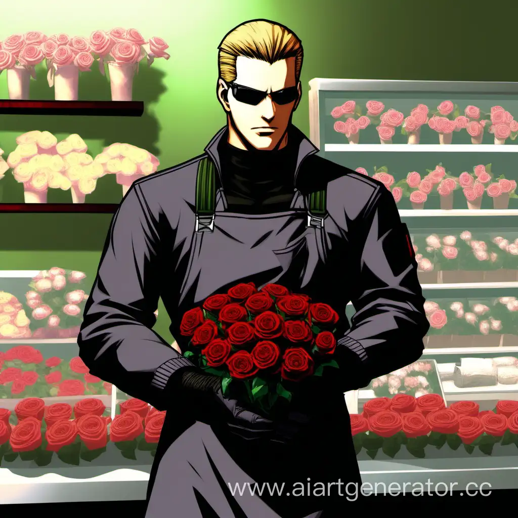 Albert Wesker from Resident Evil 4. In a flower shop, a florist collects a large bouquet of red roses. He is wearing a black sweatshirt with the sleeves rolled up to the elbows and a pastel green apron.