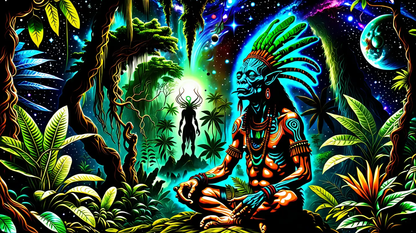 Shaman Performing Ayahuasca Ritual in Alien Jungle of Deep Space