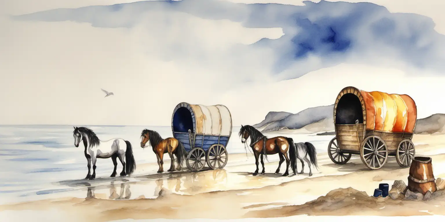 a water colour painting of 3 romany gypsy wagons on a beach , there is a gypsy cob horse standing in the water, romany gypsies are sitting near a fire , one gypsy is playing a guitar, a sea eagle is flying , 