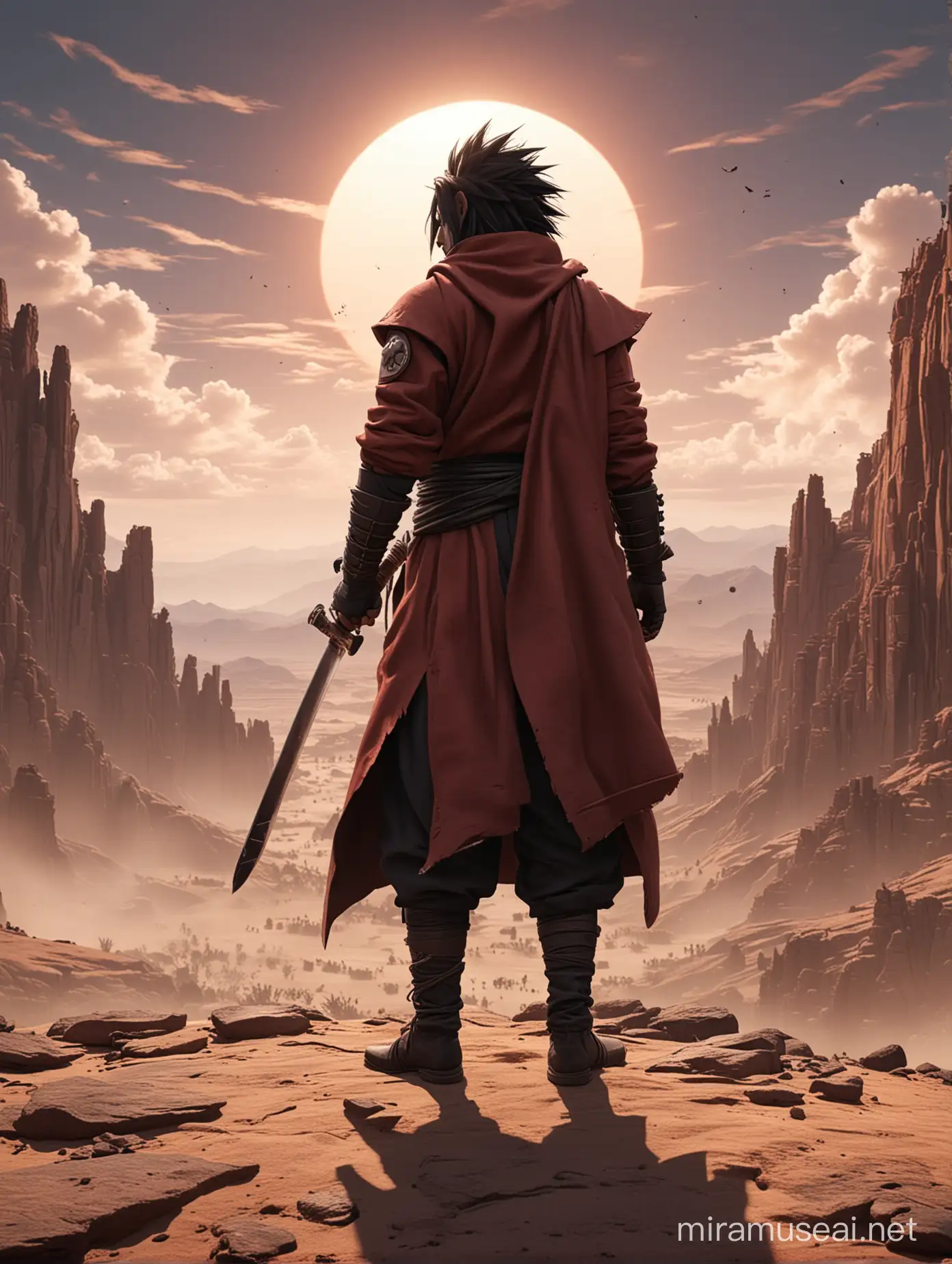 ultra realistic and highly detailed surreal Madara Uchiha in a cinematic scene in a desert with midday sun lightning ,standing with his arms crossed  in a dramatic mood on top of a cliff in a close up shot --ar 4:5 --niji 6