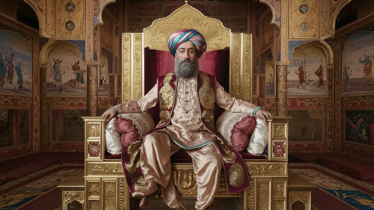 Generate a regal image of a Mughal ruler sitting on a magnificent throne. Capture the ruler's attire, the grandeur of the throne, and the opulence of the surroundings.

Use rich colors and intricate details to convey the splendor and authority of the Mughal empire
