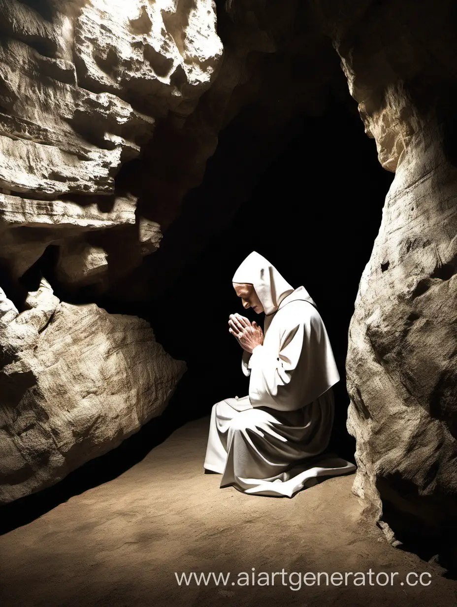 Imagem grande monge Beneditino em oração em uma caverna 
