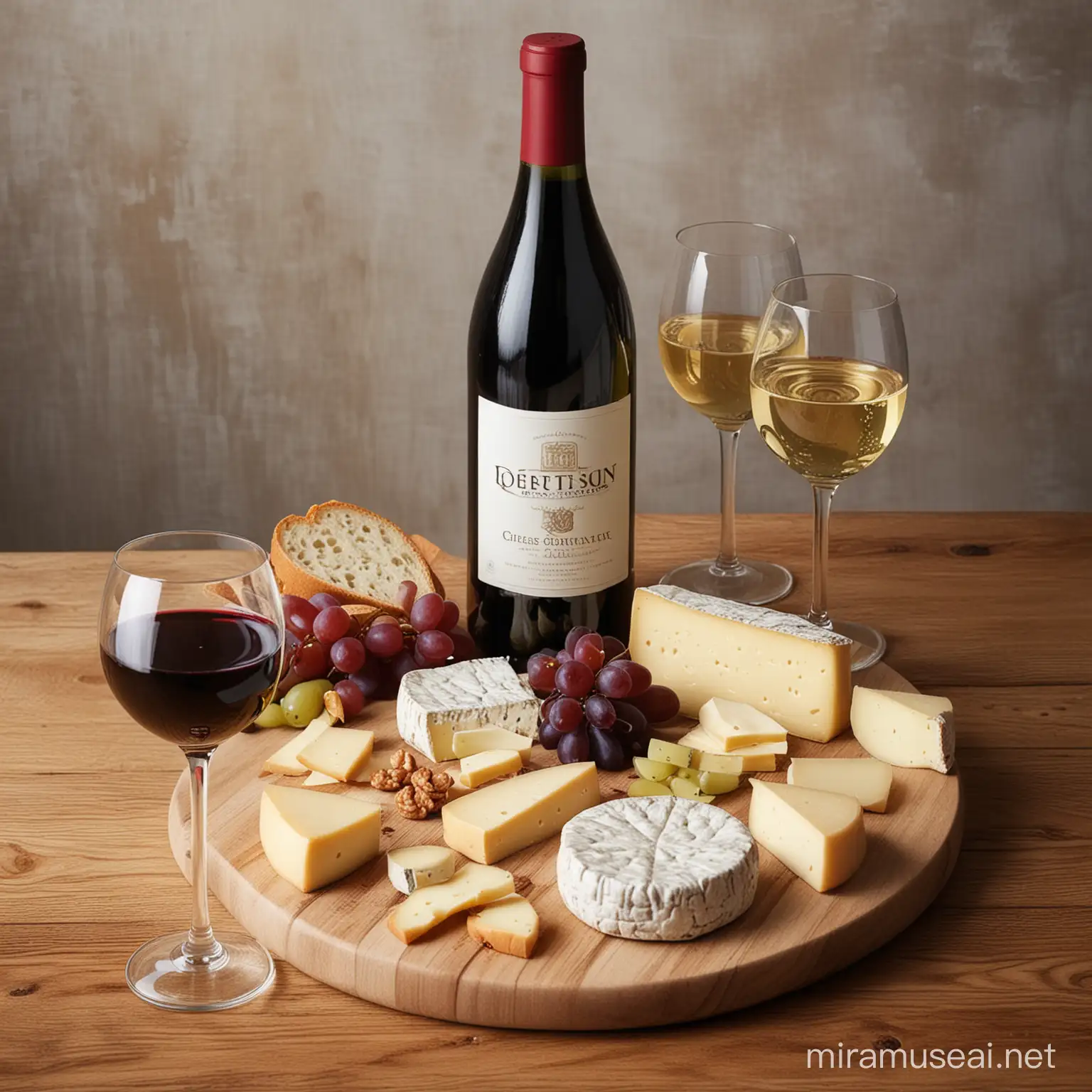 un plateau de fromages avec une bouteille de vin et ses deux verres sans rien d'autres
