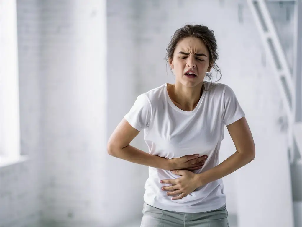 Girl with Stomach Pain on Light Background