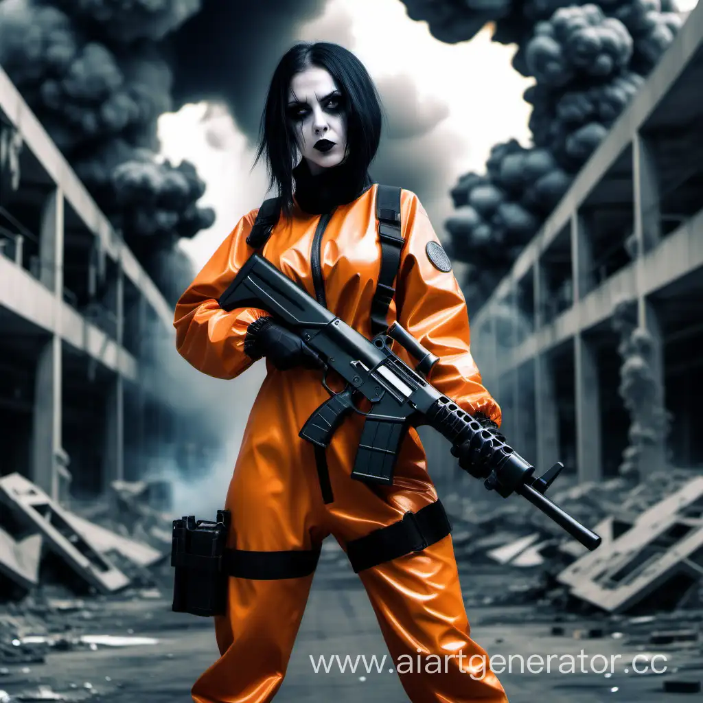 Big cities sexy goth girl in hazmat suit with shotgun atomic explosion background
