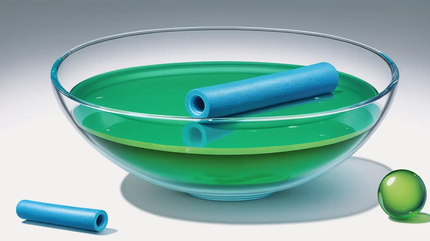 Colorful Glass Bowl with Green Liquid and Blue Pool Noodles