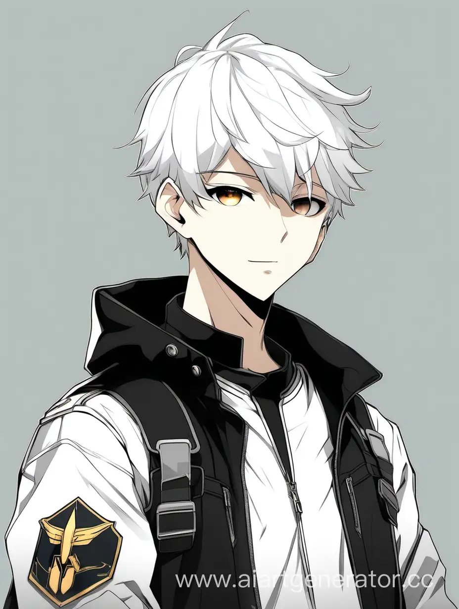 a young guy of 20 years old, white short hair, white skin color, anime style, black pilot's cap, black coat