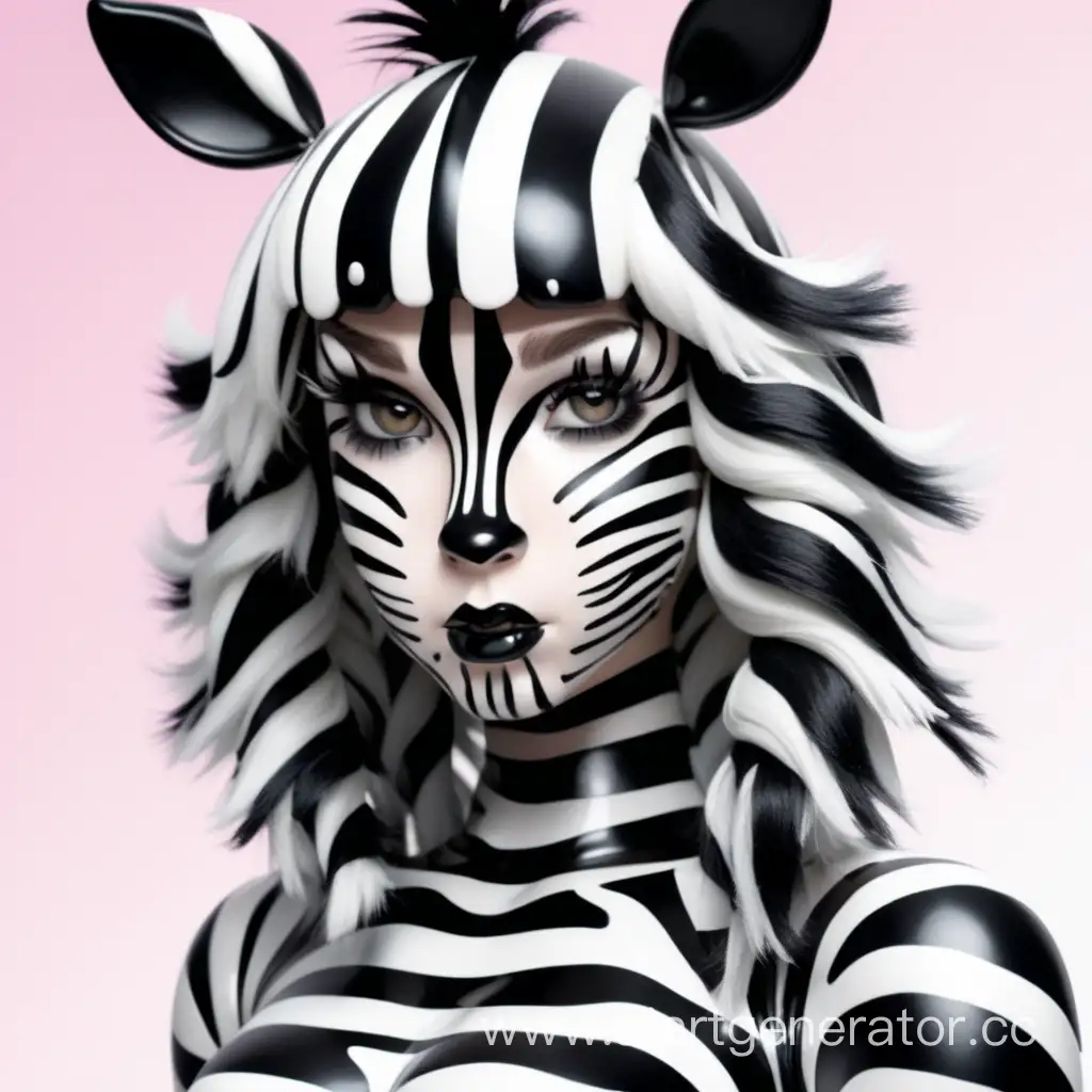Латексная девушка зебра с белой в черную полосу латексной кожей. С пышной гривой зебры. Изображение сделать в милой стилистике