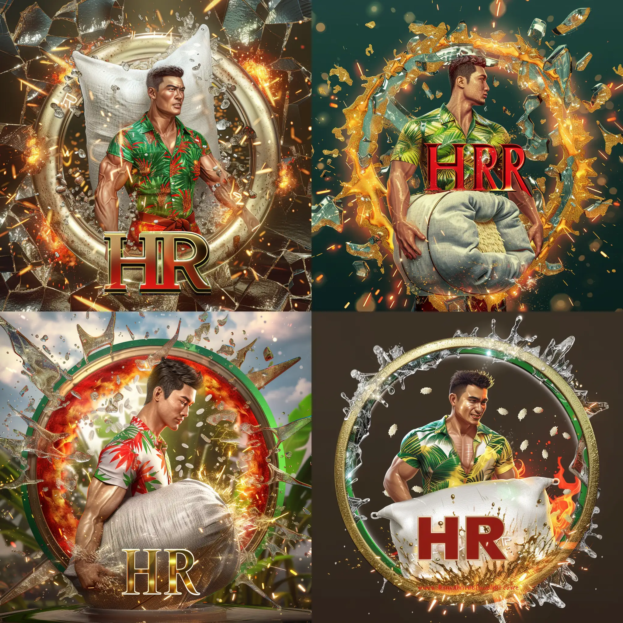 digital airbrush illustration, shiny, 3D realist a man wear tropical shirt muscular body builder young man carriying white sack of rice. logo in a circle with a combination of broken glass, paddy, rice milling machine, with 3D rice outside, fire bursts and water splashes. Sparks appear in metallic gold letters that read "HR" in the bottom of center in red and silver 3D letters with gold and green edges.