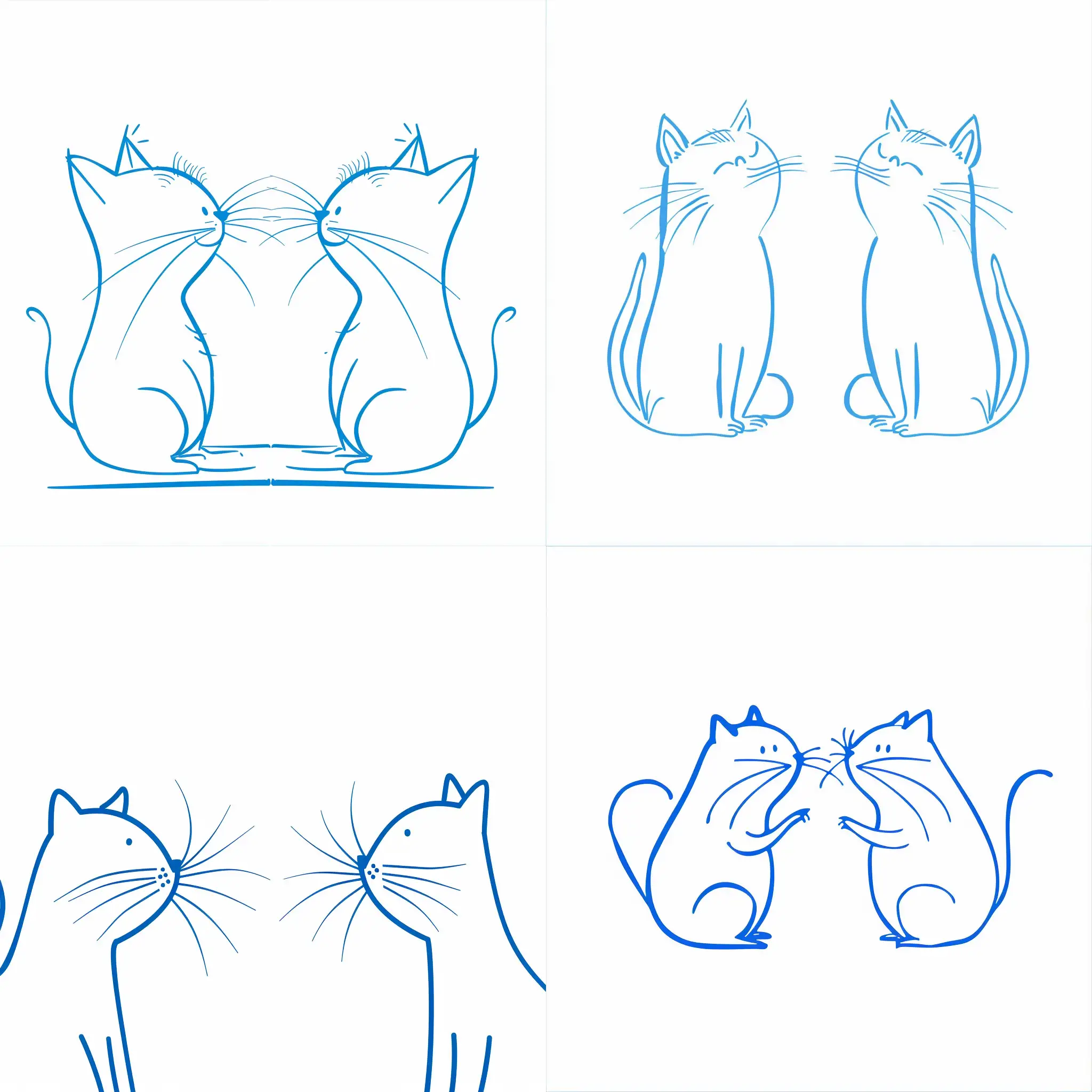 horizontal image, abstract, minimalistic, blue outlines of silly cats, facing each other, on the white background, cartoon style