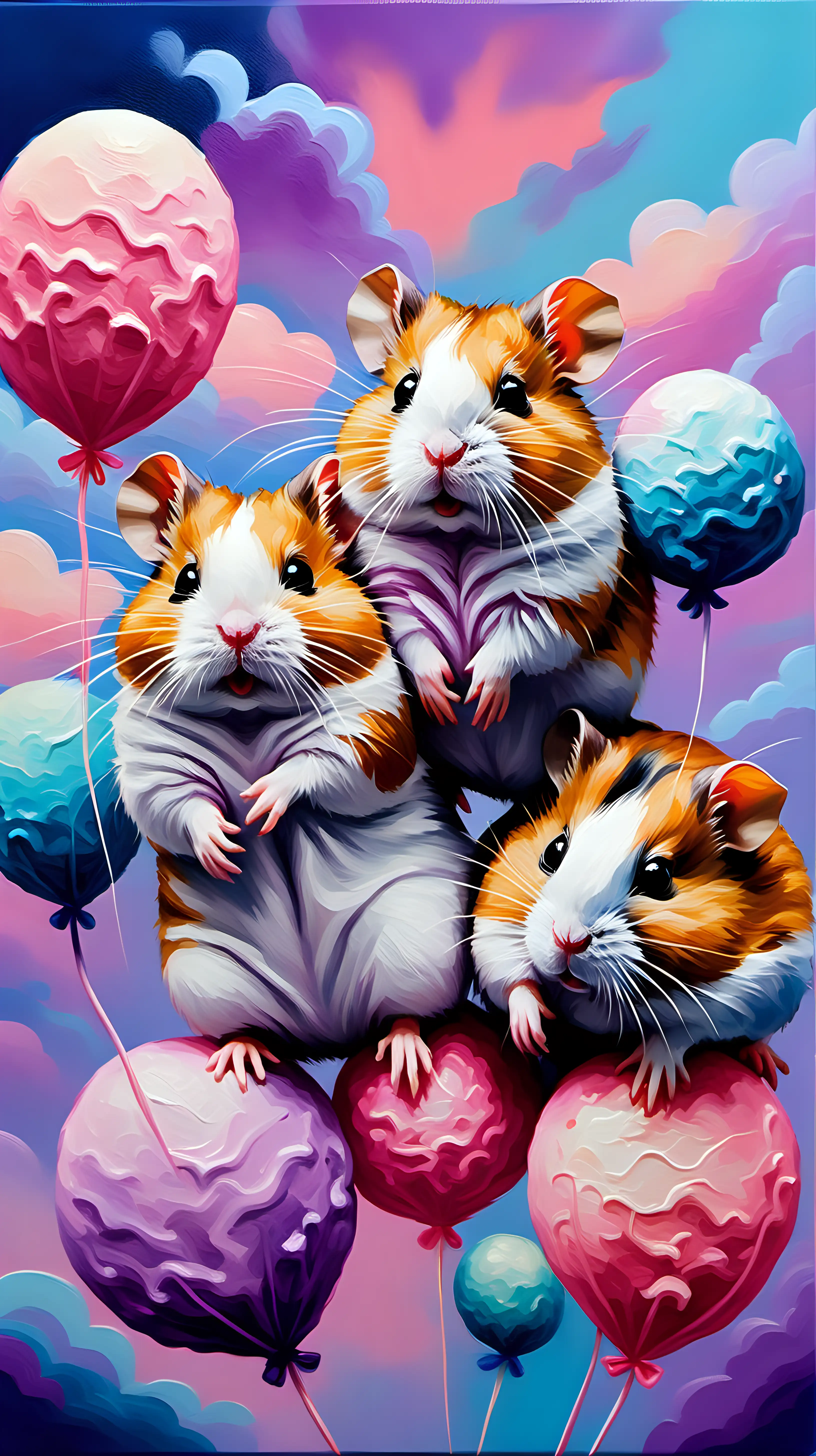 Vibrant Acrylic Painting Hamsters Under Cotton Candy Skies