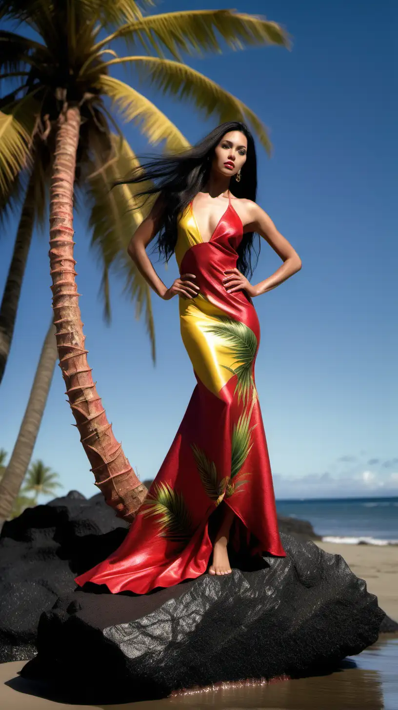 A slim realistic beautiful Polynesian female model with long black hair wearing an elegant red and yellow metalic tropical gown standing on a black rock at the beach under a palm tree and a full body shot from the top of his head to his feet.