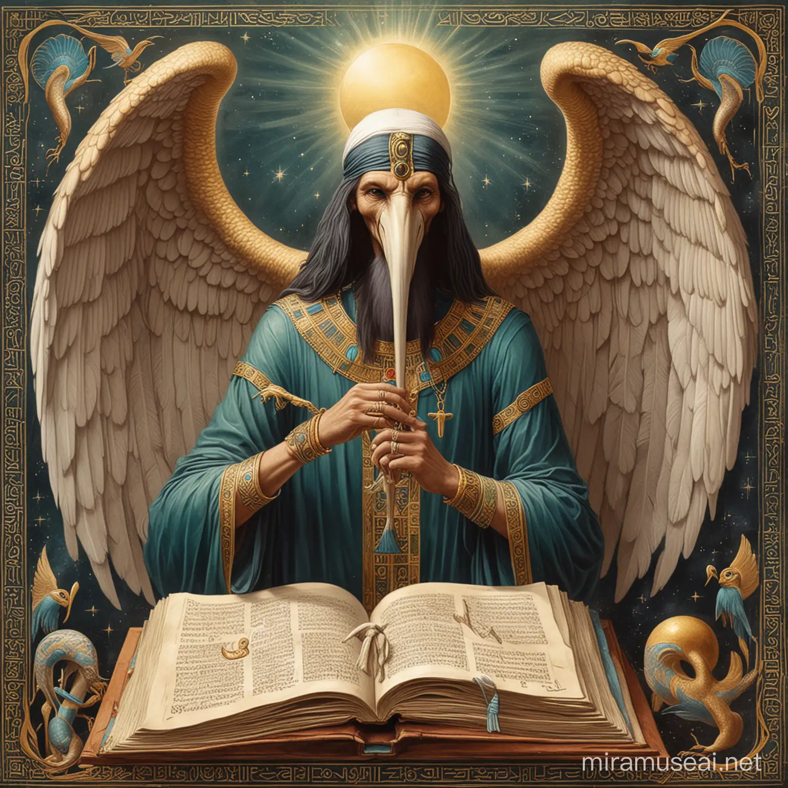 Dieu Thot avec sa tête d'Ibis et ses ailes comme un ange. Il est le scribe des autres dieux. Il représente la sagesse, les sciences et l'écriture. C'est un magicien également. Il tient un livre ouvert qui illumine son visage. Il est dans un laboratoire de magicien. 