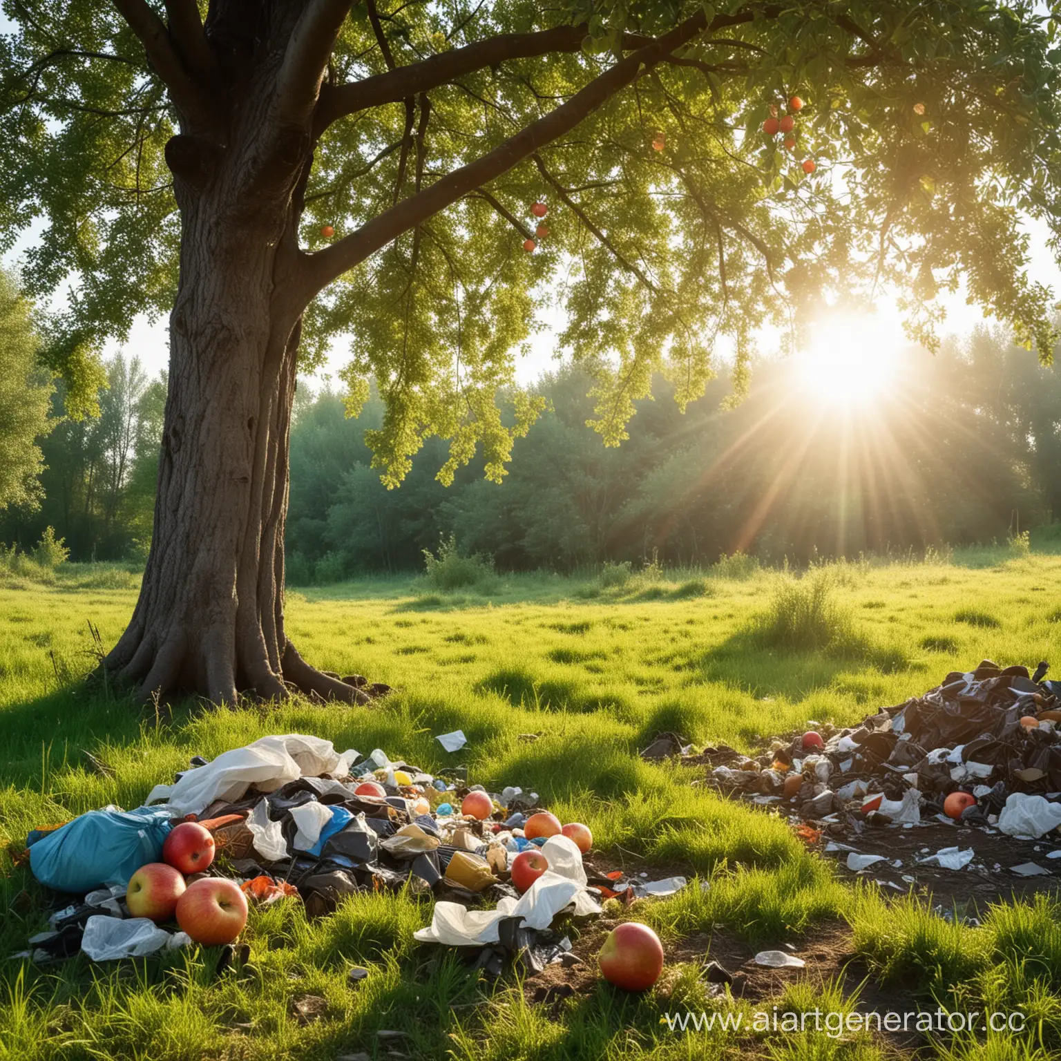 Справа загрязнённый лес с мусором, справа яблоня на зелёной траве под лучами солнца.