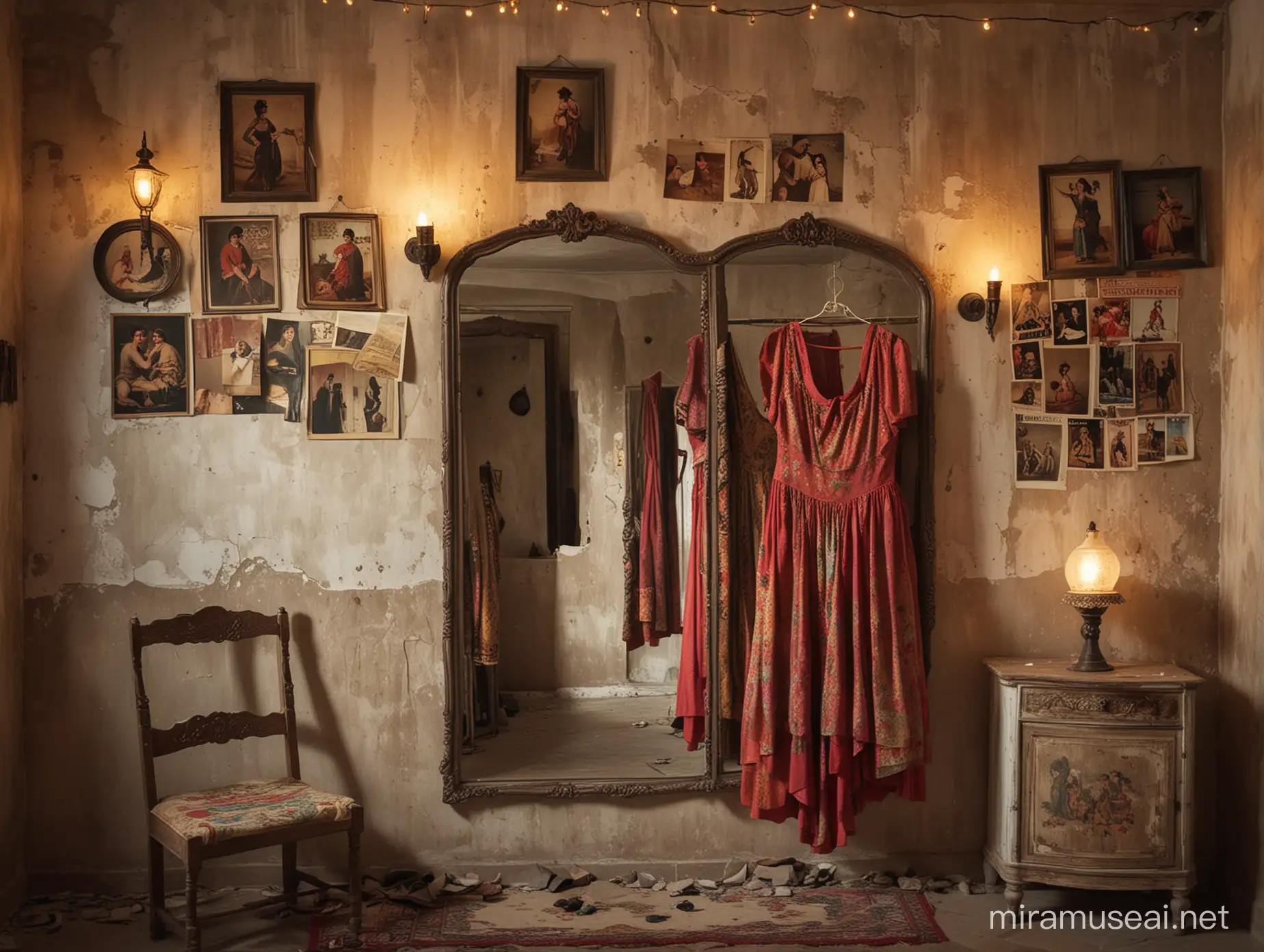 Andalusian Gypsy Dressing Room with Broken Mirror and Bullfight Posters