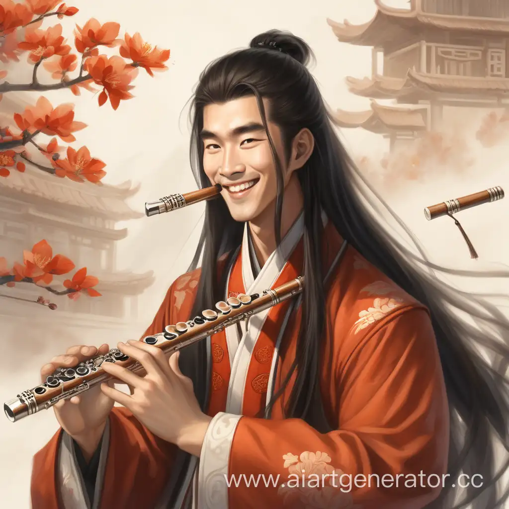 длинноволосый молодой красивый китаец играет на флейте улыбается