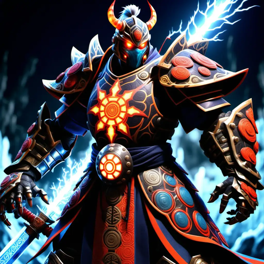 high definition simulation of a video game world boss character creation screen with Samurai ninja, Turtle Oni and ying yang eyeballs With glowing lightning fists wearing a beautiful frozen kimono with red black and orange sacred geometry and armored shoulder guards Giant mechanical knight with cape and shining armor