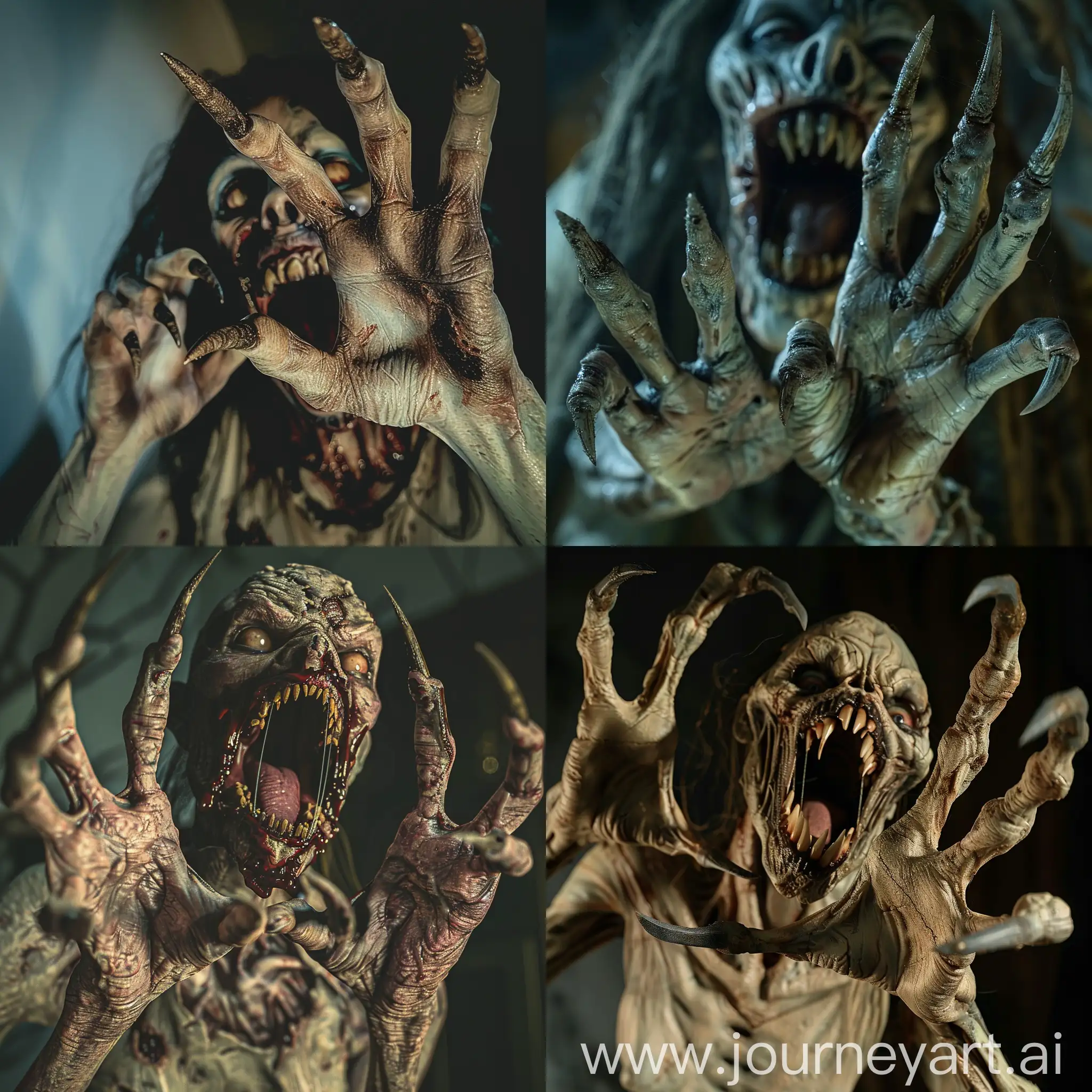 a photorealistic and horrifying nightmare scene of a dead zombie female with long curved pointed dirty nails like sharp claws protruding from each of the five detailed and realistic human fingers The zombie's menacingly open mouth reveals pointed teeth resembling fangs under atmospheric lighting in a full anatomical depiction, set in a night-time setting that is very clear without flaws.
