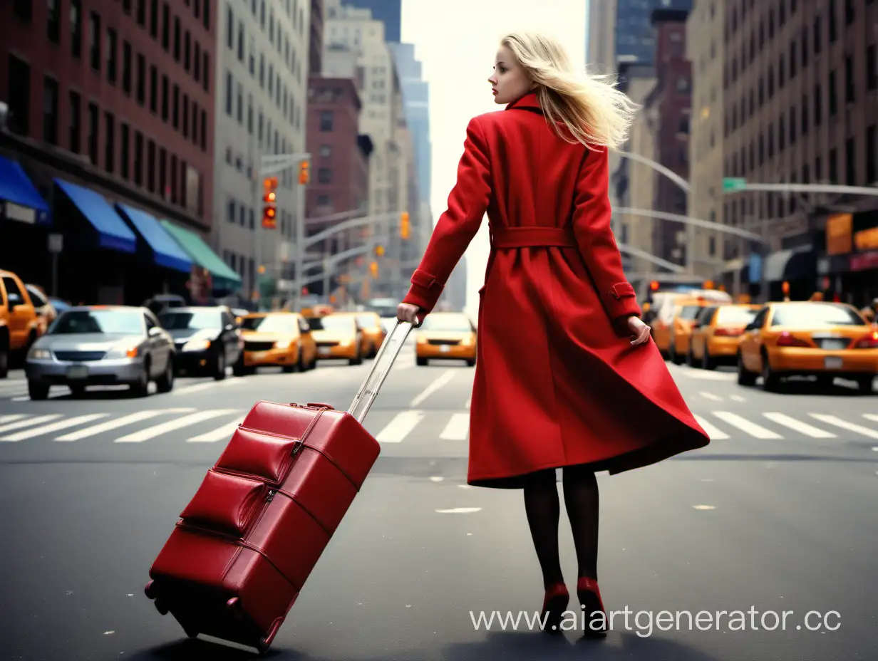high definition digital photo, new york city street back ground, a pretty young blonde girl, in a long red coat, pulling a suitcase on wheels, wide