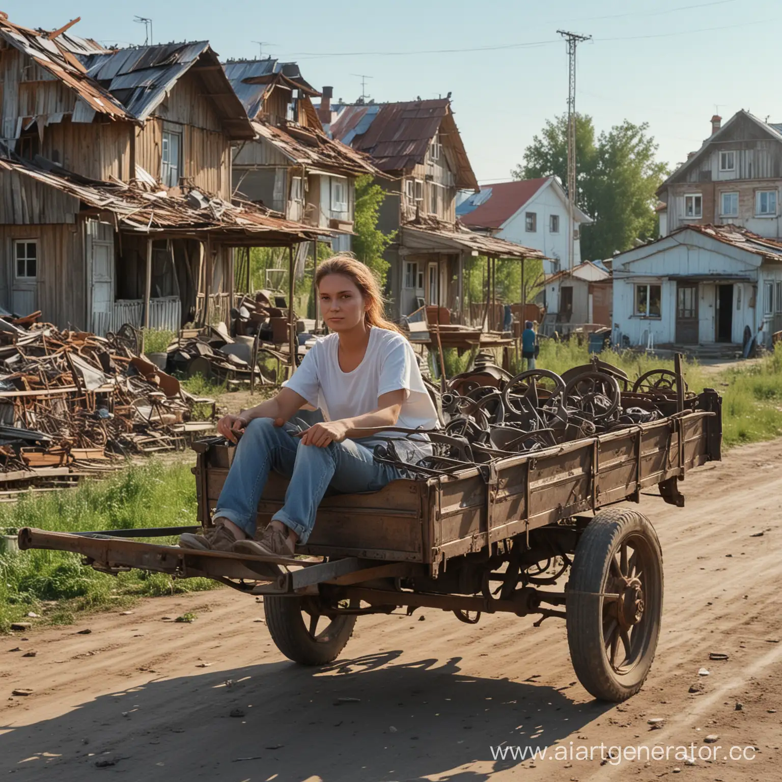 Woman-Driving-Scrap-Metal-Cart-near-Dacha-and-Cityscape
