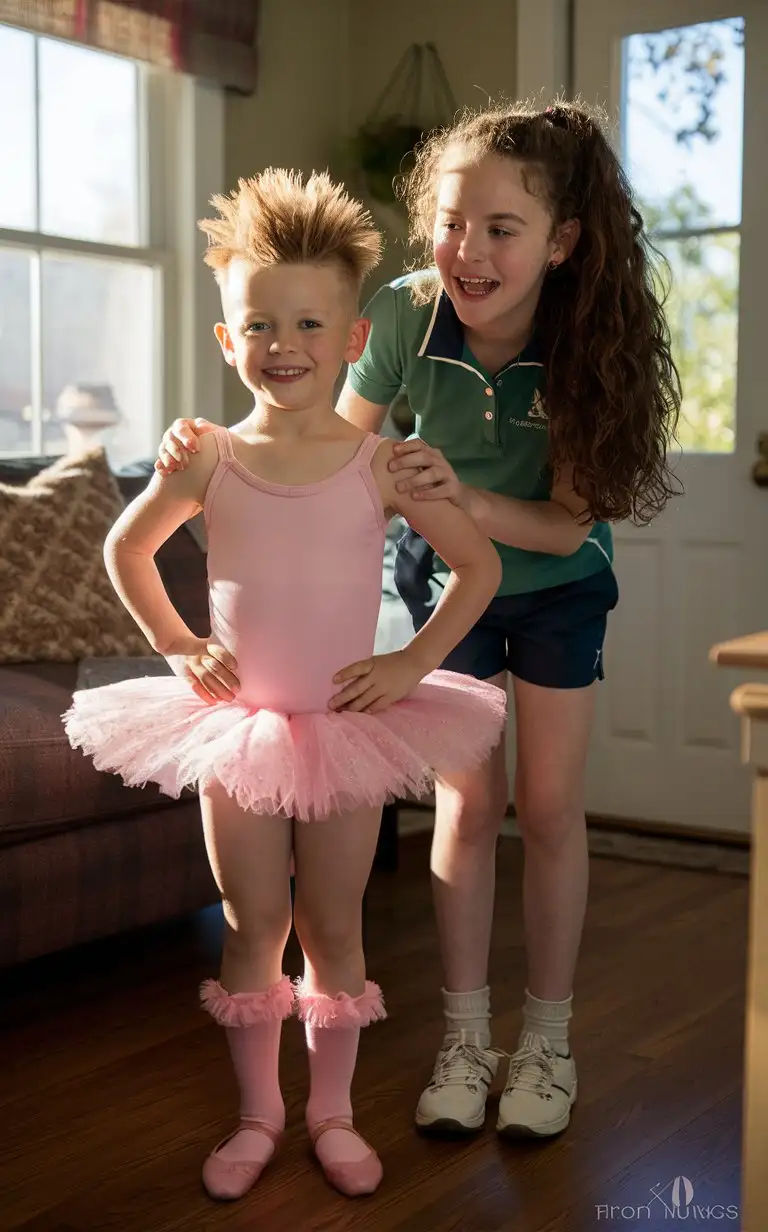 Photograph of a cute little 10-year-old boy with a cute face and short smart spiky blonde hair shaved on the sides, the boy is wearing a pink ballerina silky leotard and fluffy tutu dress and frilly pink socks, facing forwards, the boy is standing next to his 12-year-old sister with long curly hair in a ponytail, the girl is wearing a green golf shirt and shorts, front room setting, detailed faces, clear faces, photograph style