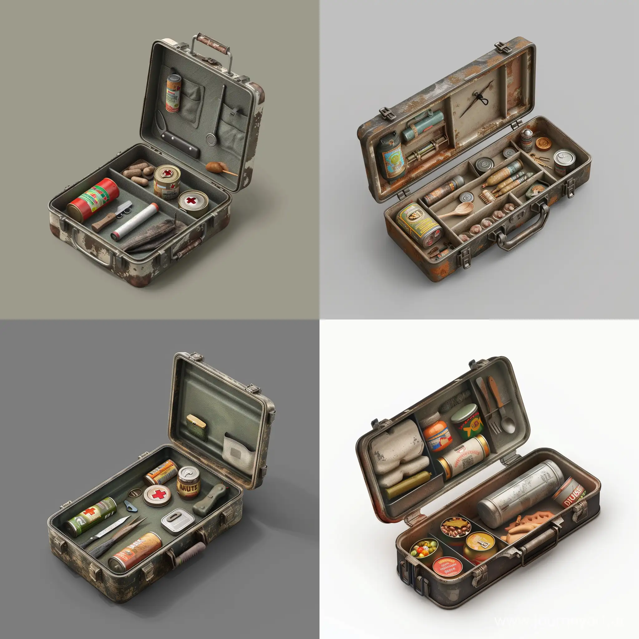 isometric realistic mini very small simple opened survival kit in realistic worn long metal case, 3d render, stalker style, less details, hunting first aid, hygiene, canned food