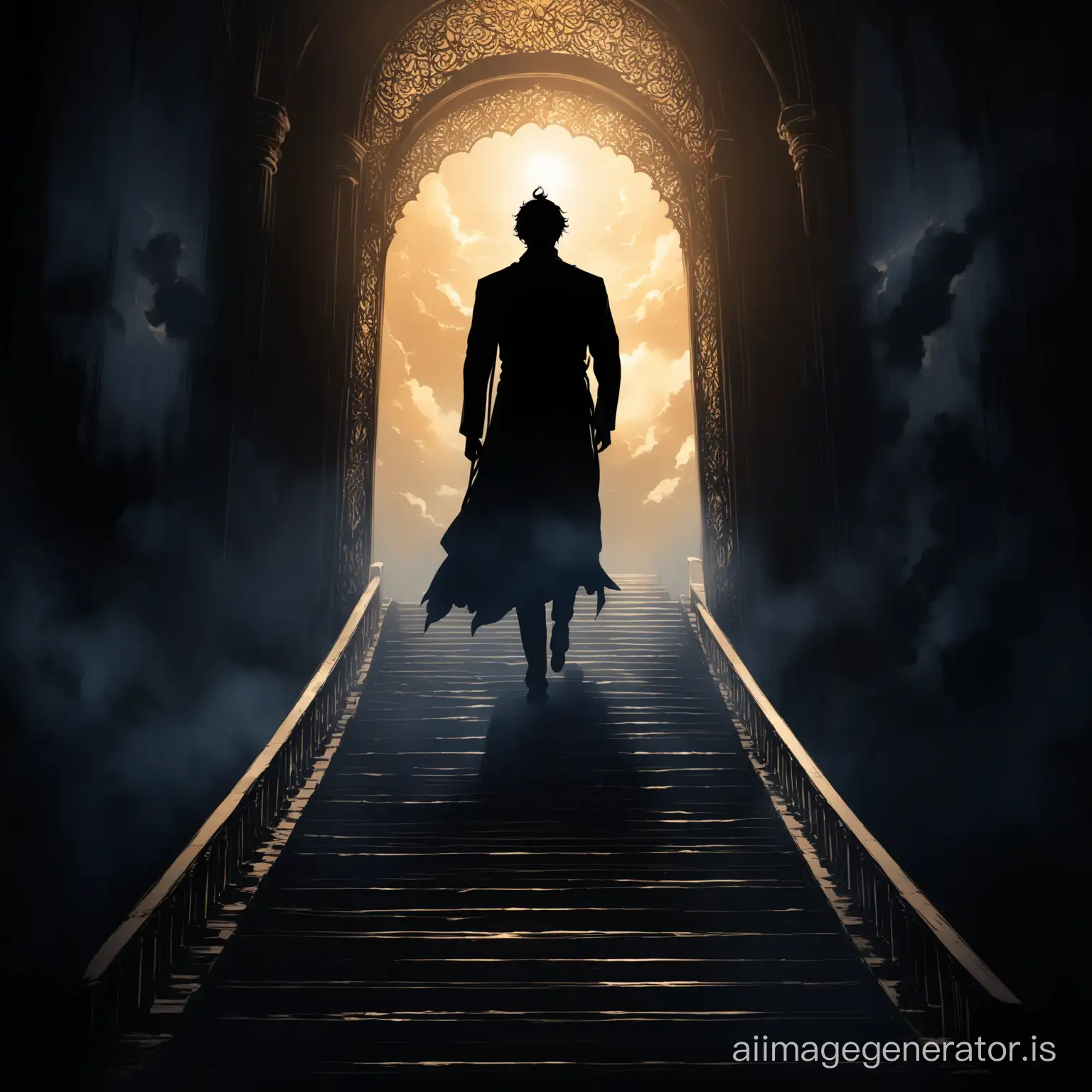 Picture of a distant silhouette of a god in the form of a man walking on a heavenly staircase, around him flutters a weak aura of majesty, picture black, 4K, silhouette inspires fear.