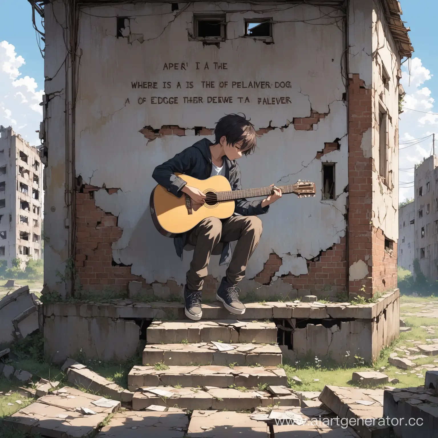 Boy-Playing-Guitar-on-Derelict-Building-with-Apelaver-Inscription