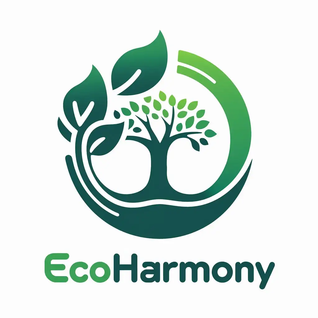 logo, combines elements of nature, such as a tree and leaves, with a circular design to represent harmony and balance. The green color represents environmental sustainability, while the circular shape symbolizes the interconnectedness of all living beings., with the text "EcoHarmony", typography