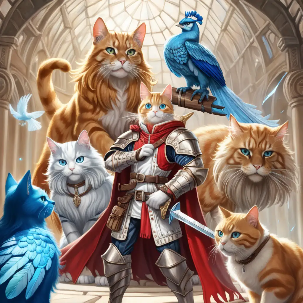  Mordenkainen the buff blonde catperson warrior stands facing his rival sir catimus the white and gray catperson rogue through an invisible force field. Mordenkainen the blonde catman wears red leather armor, sir catimus the white with gray patches lean catperson wears royal gaurd vestments and a blue robinhood_hat with a single peacock feather