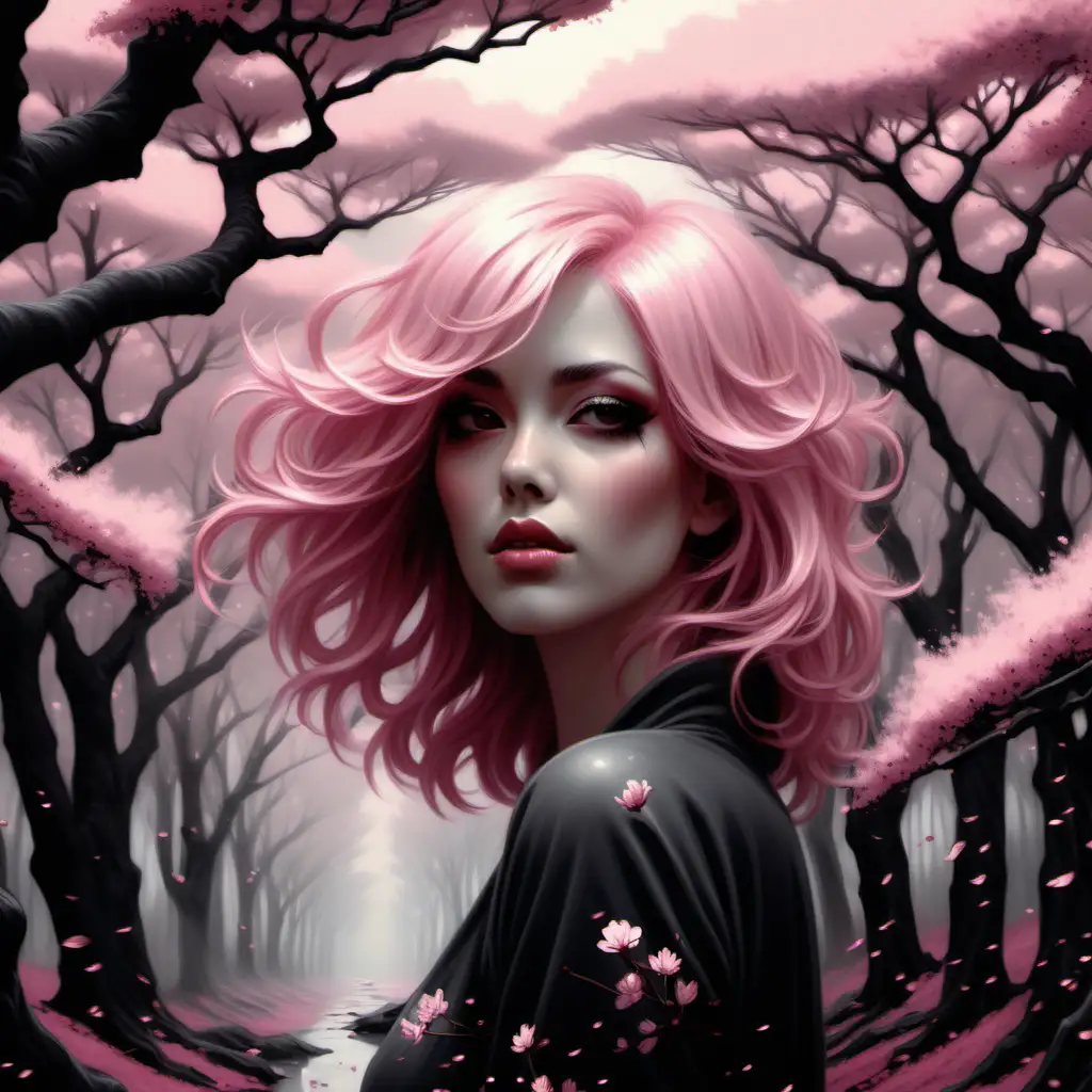 Enigmatic Woman with Dusty Pink Hair Amidst Cherry Blossom Woods