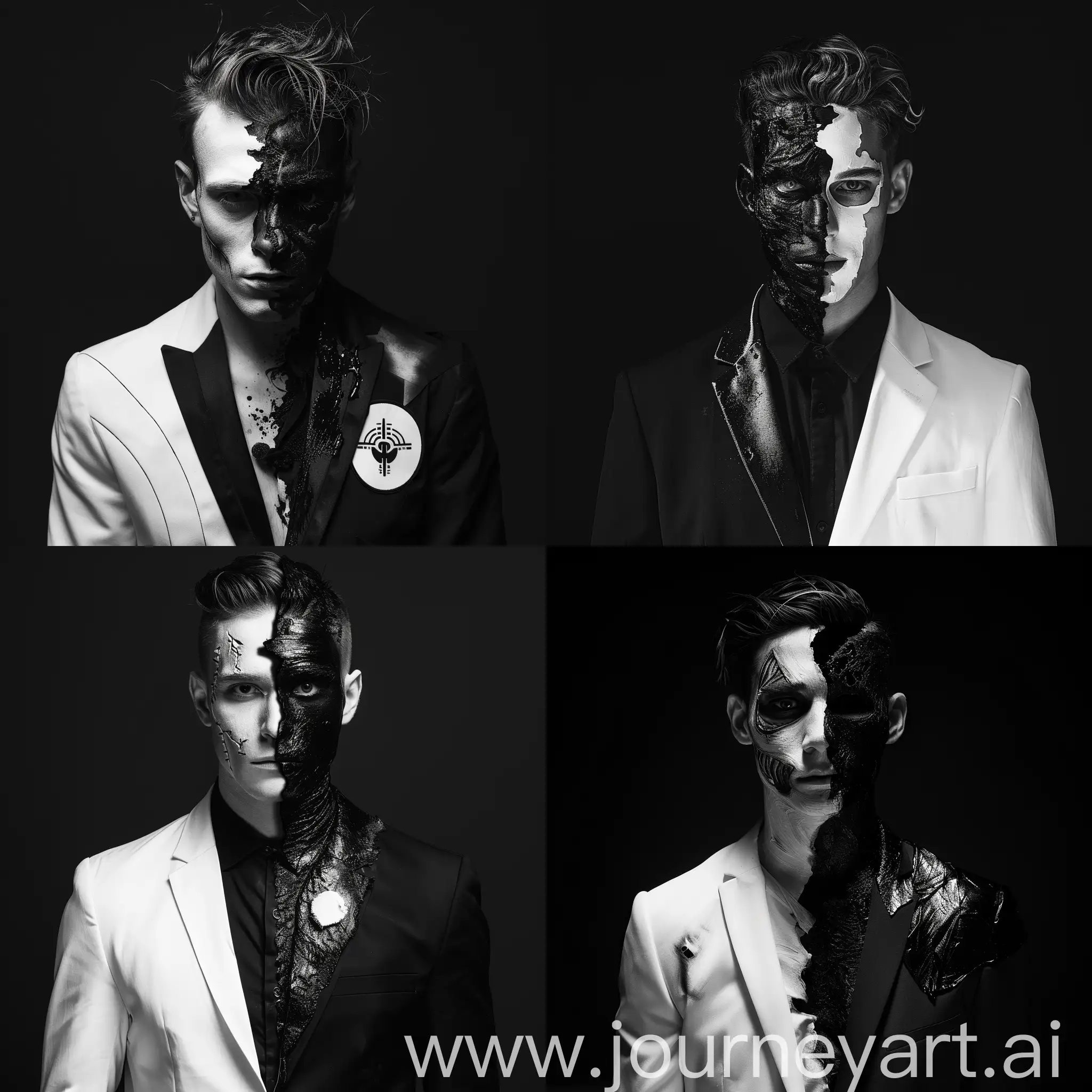 white male two face, one side of his face is burned, he wears a half black and half white blazer, logo, minimalistic, black background, black and white