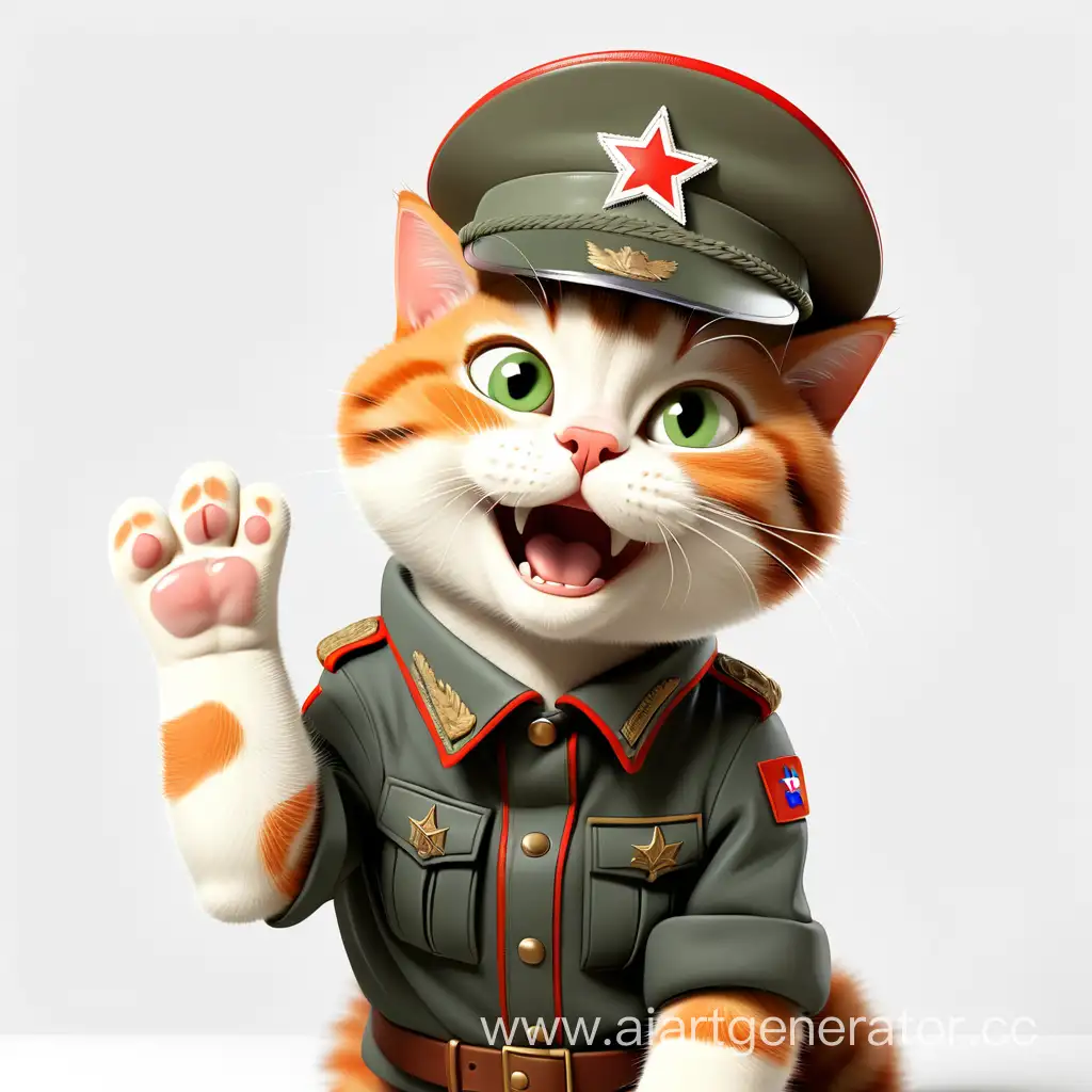 Joyful-Cat-Wearing-Russian-Military-Cap-on-White-Background