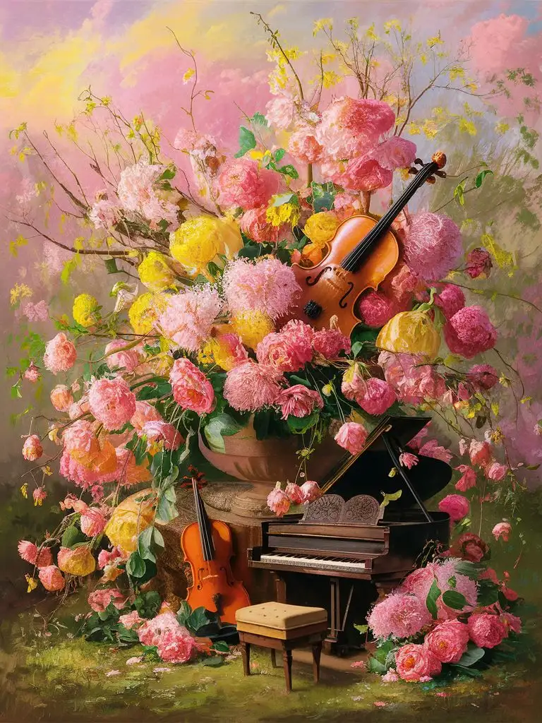 威廉・莫里斯畫風,畫花,小提琴,鋼琴,在粉色,黃色春天背景前,呈現夢幻感覺