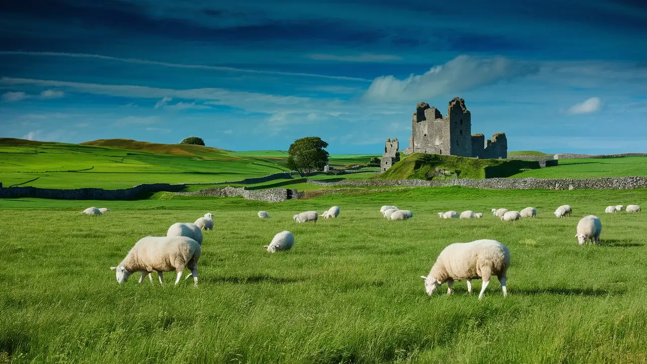the rolling hills of Ireland, the Emerald Isle, crumbling medieval castle, sheep, stone walls --no text