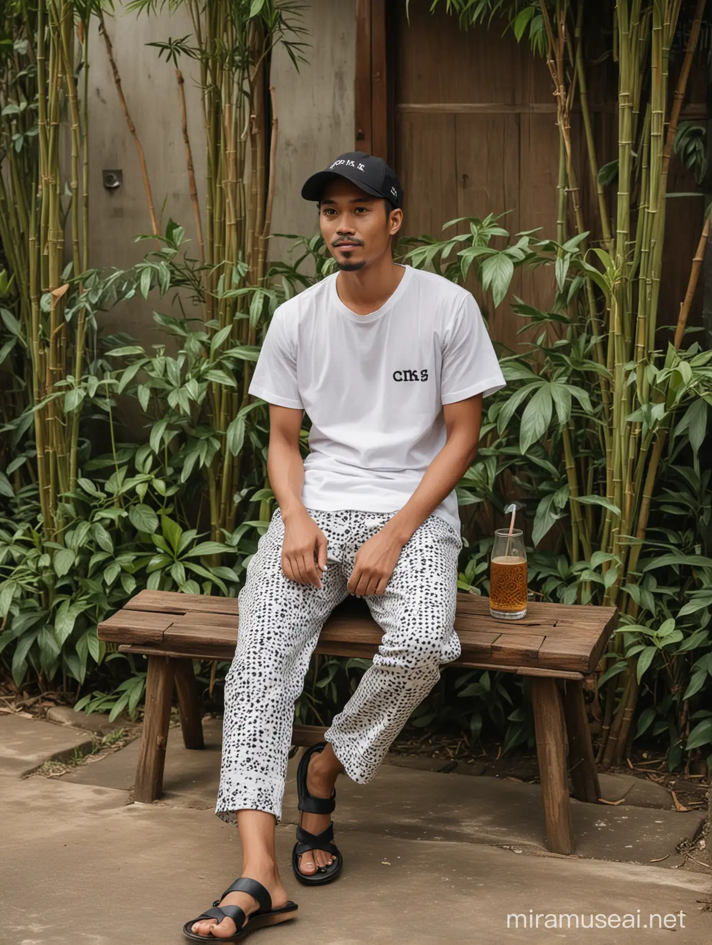 Indonesian Man Relaxing with Coffee in Rural Setting