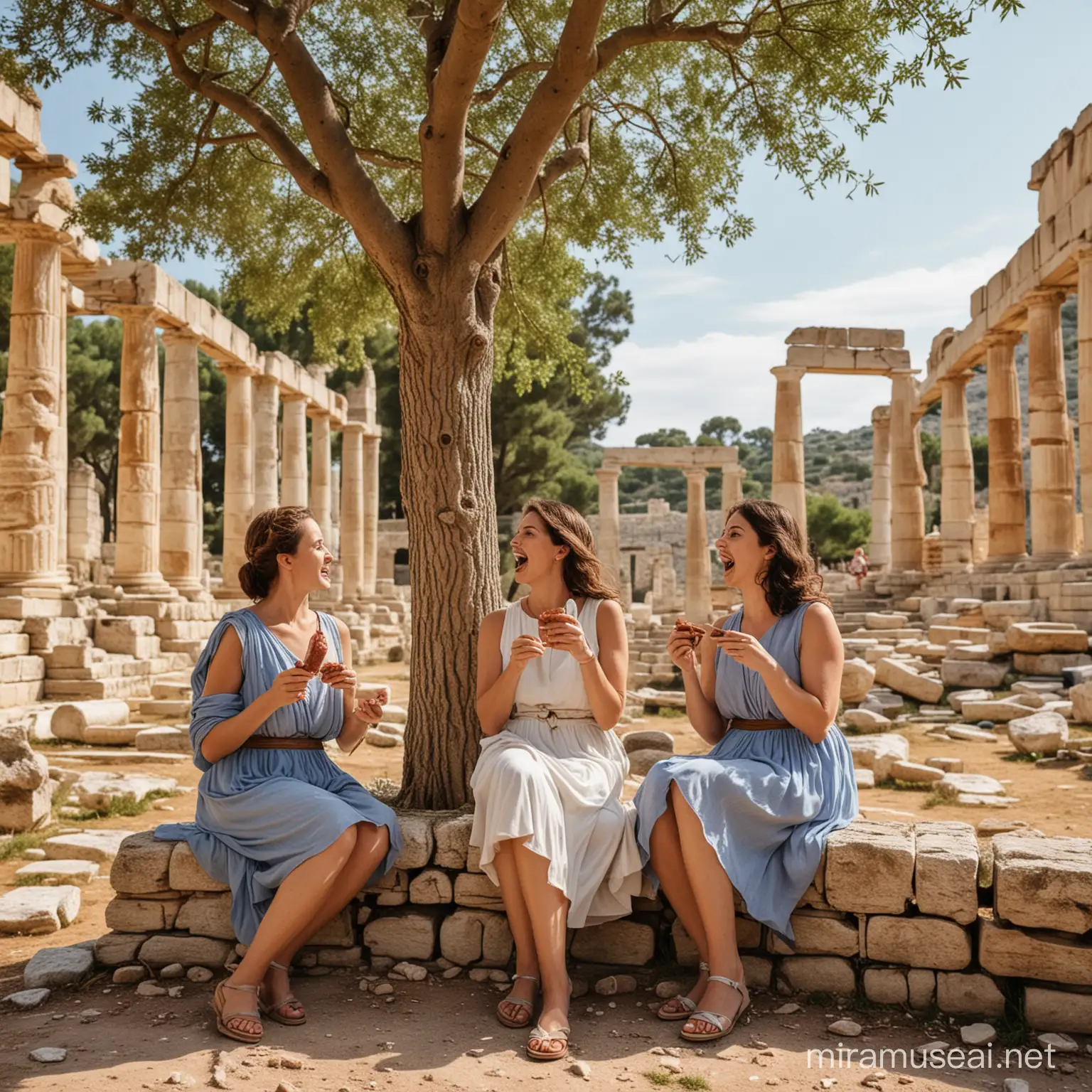 tree French ladies eating sausage in ancient Greek ruins