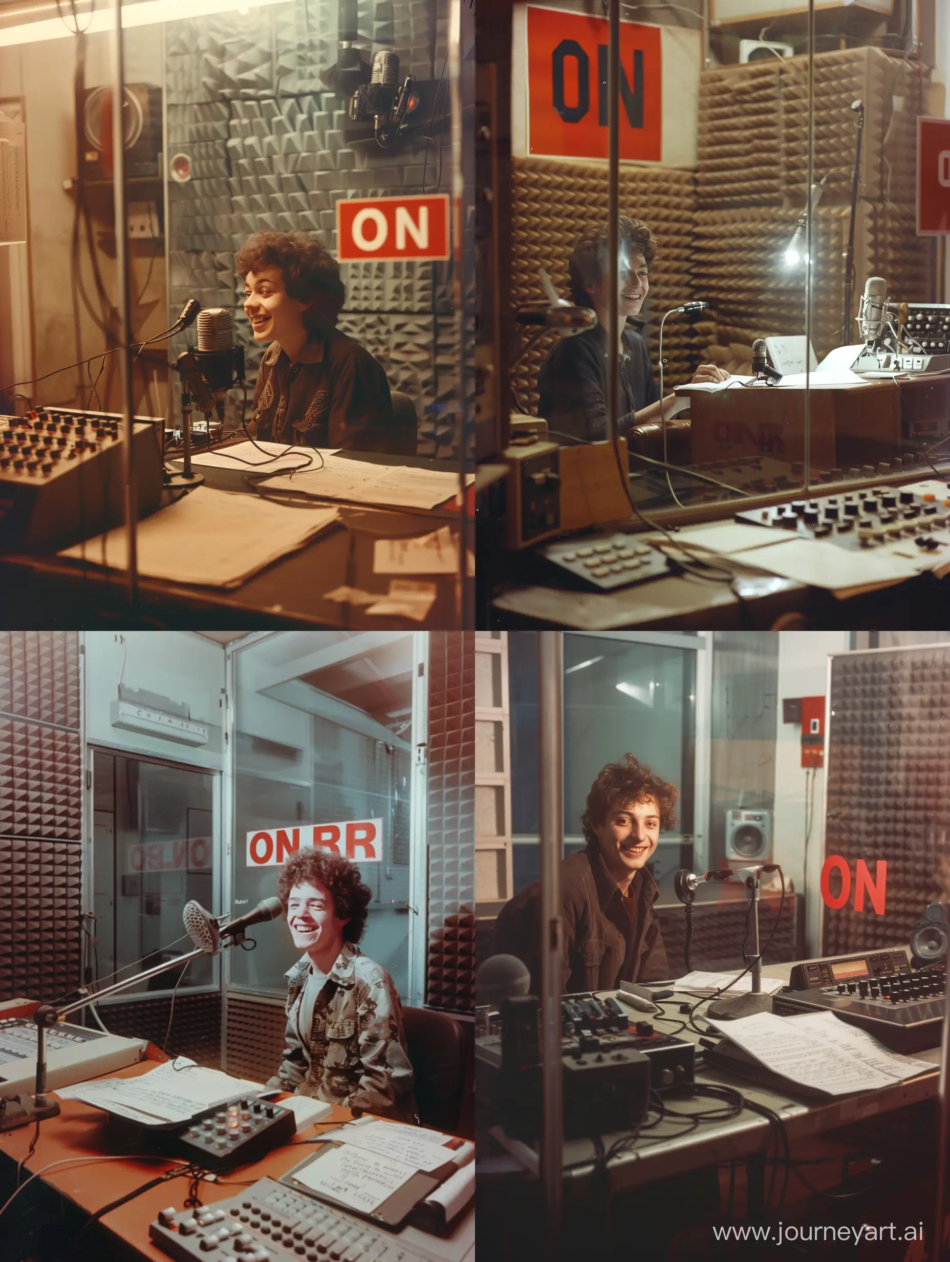 color photo of an Italian radio station from 1990. a young speaker is in the recording room and smiles into the microphone. the room has little light and the walls are covered with sound-absorbing material. in it there is the table with the note sheets, the microphone and a small mixer. in front of the speaker there is a large transparent glass that separates the control room. on the side wall there is a red "on air" sign. 3/4 shot at speaker height