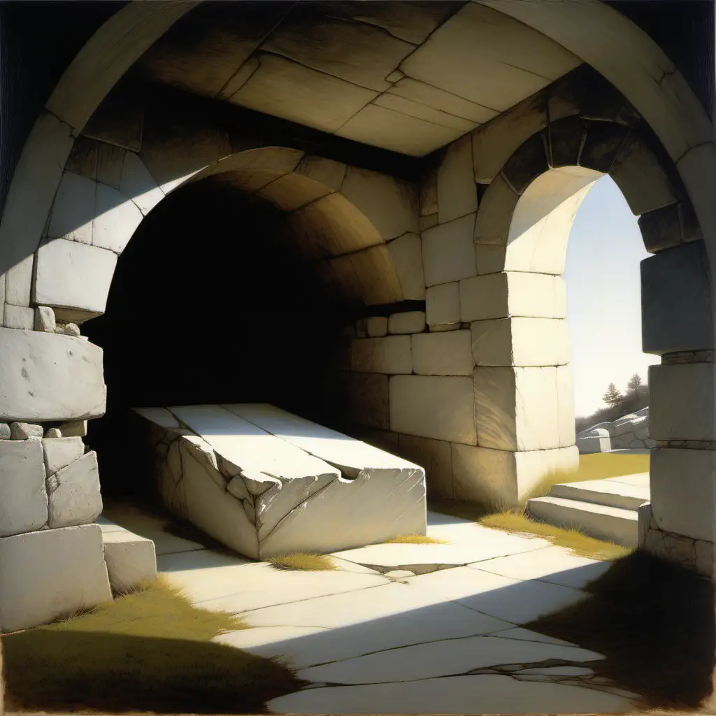 andrew wyeth style painting of an empty tomb, light shines inside, showing it is empty. 