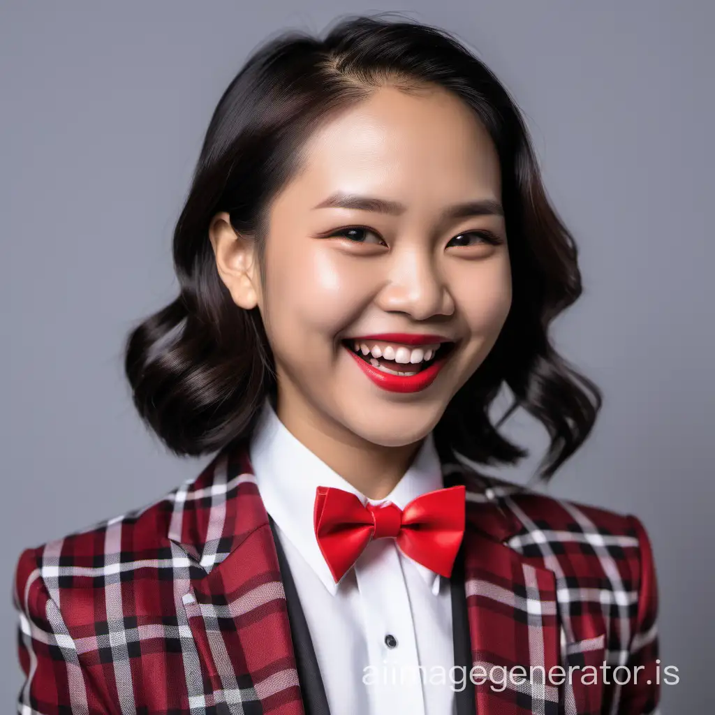 smiling and laughing Filipina lady with shoulder-length hair wearing a red and black plaid tuxedo, wearing a white shirt, wearing a red bow tie, wearing red lipstick