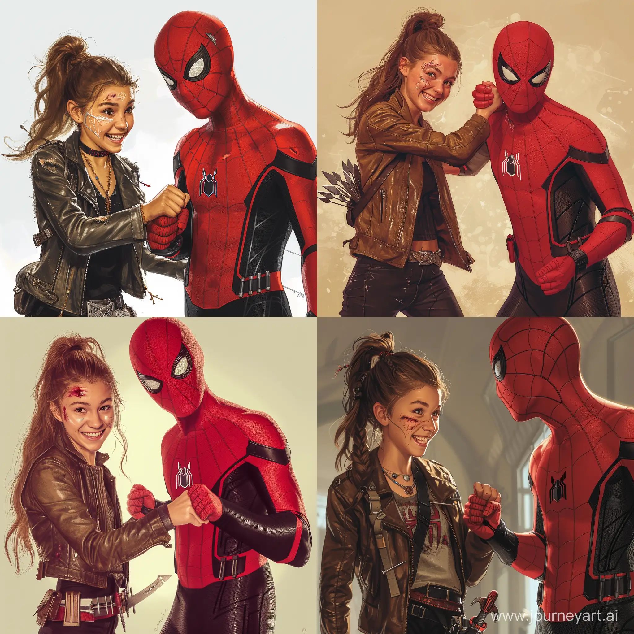 17 year old girl, brown hair in a ponytail, brown eyes, smirking, small cut on her face, leather jacket, black pants, fancy throwing knives on a belt at her hip, she is by spider man, spider man has on his spider suit, with his mask off, spider man has a small cut on his face, spider man is smiling, they are fist bumping