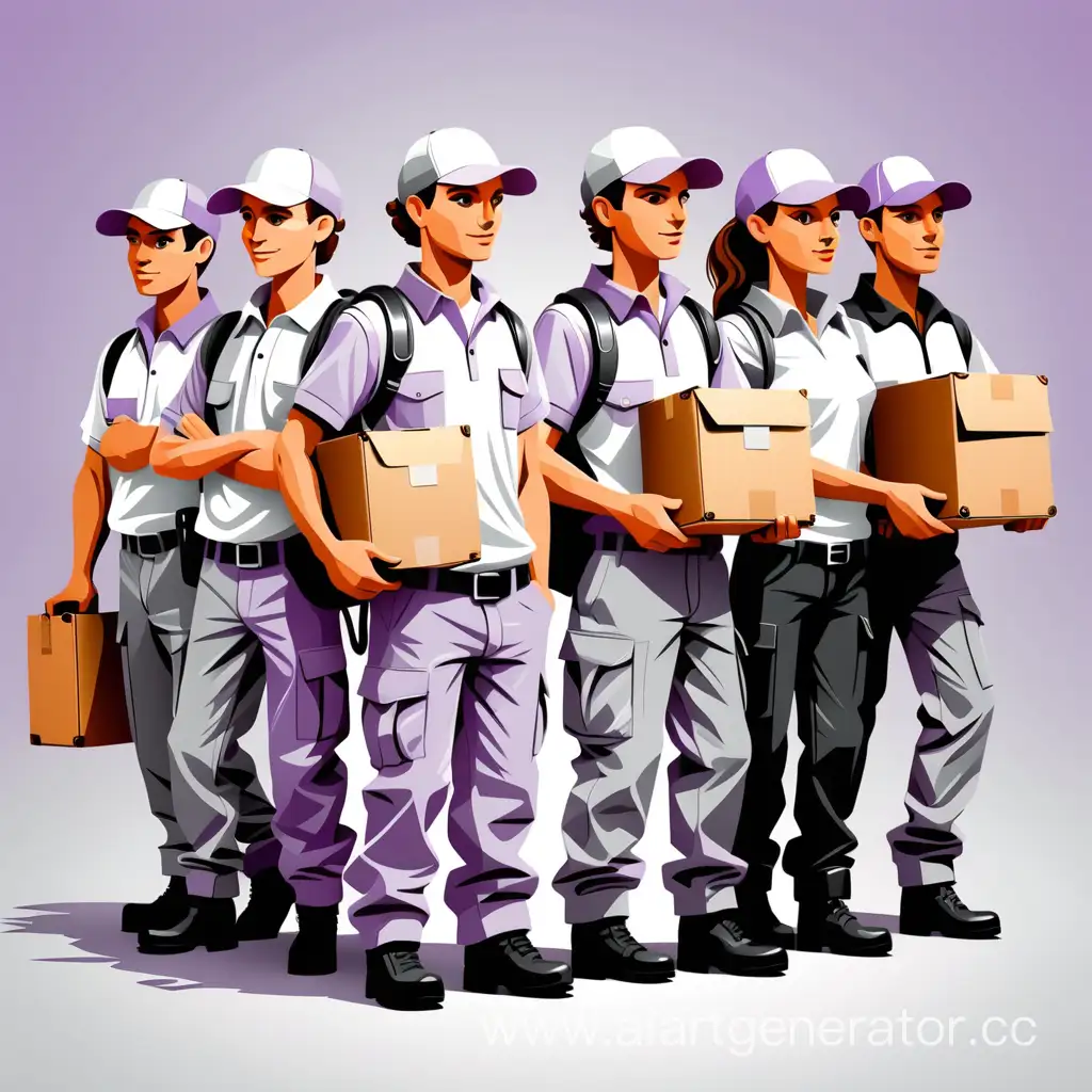 Professional-Couriers-Delivering-Packages-Vector-Graphic-in-White-Lilac-Gray-and-Black