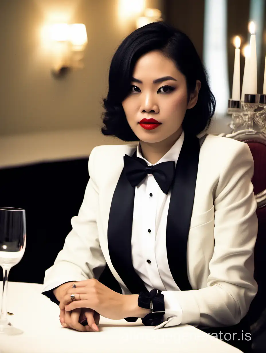 30 year old stern vietnamese woman with shoulder length hair and lipstick wearing a tuxedo with a black bow tie.  Her shirt cuffs have cufflinks.  She is at a dinner table.