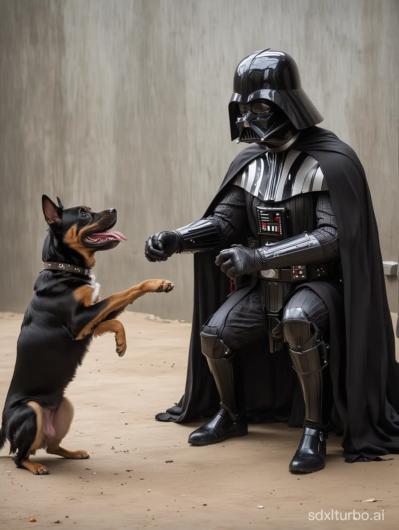 Darth Vader playing with a dog with a smile